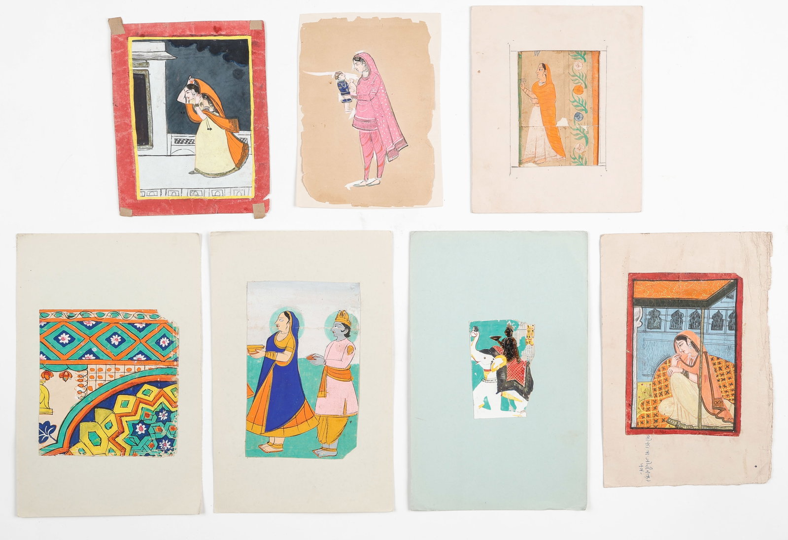 Study Collection Of 7 Indian Miniature Paintings And Fragments, Late 19th/Early 20th C.: Study Collection Of 7 Indian Miniature Paintings And Fragments, Late 19th/Early 20th C. Sizes From: 7.5'' x 6'', 19 x 15 cm (sheet); To: 4.5'' x 7'', 11 x 18 cm (sheet); 11.25'' x 7.25'', 29 x 18 cm (