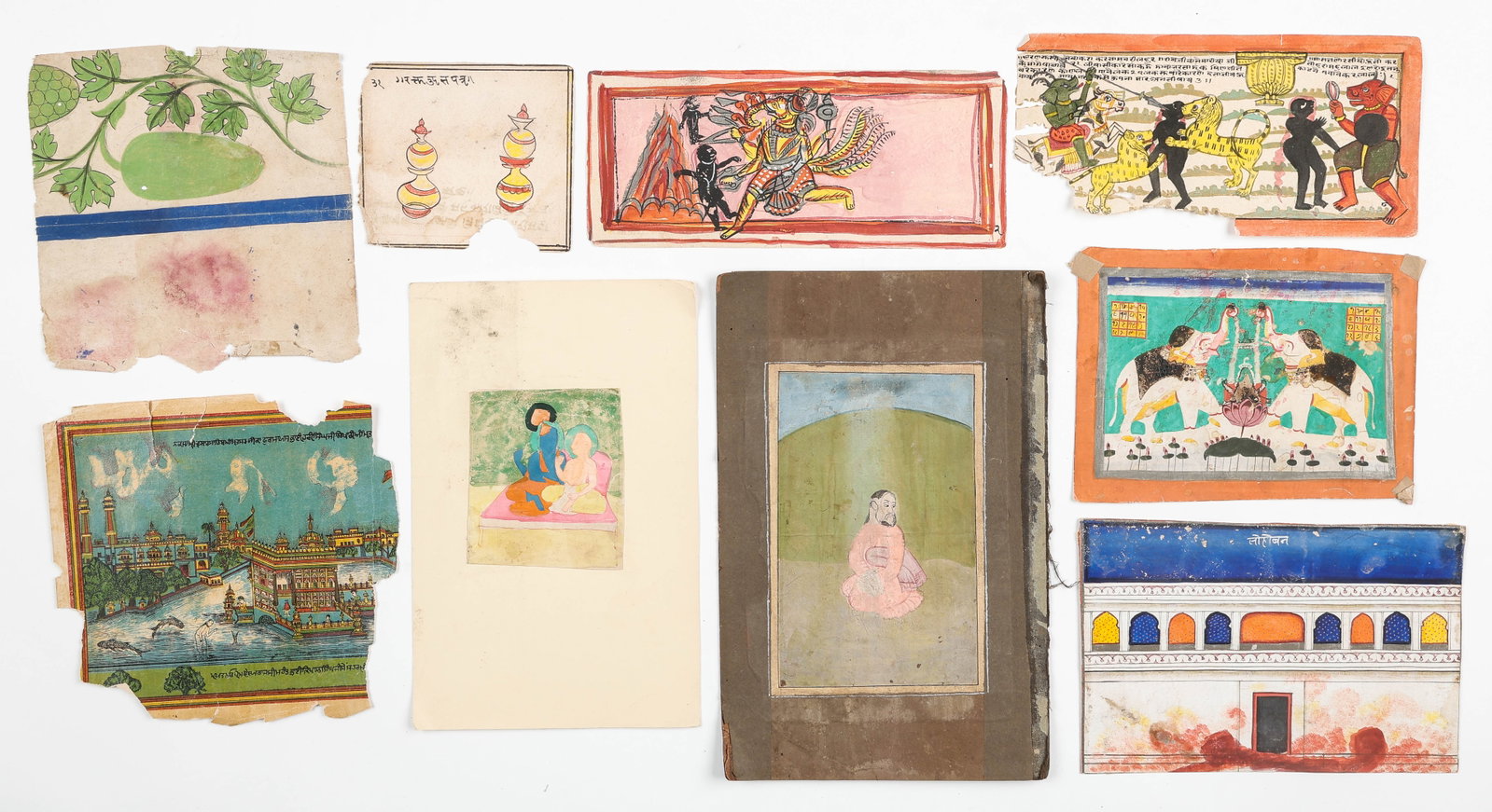 Study Collection Of 9 Indian Miniature Paintings And Fragments, 19th/Early 20th C.: Study Collection Of 9 Indian Miniature Paintings And Fragments, 19th/Early 20th C. Sizes From: 4.5'' x 5'', 11 x 13 cm (sheet); To: 7.75'' x 5.25'', 20 x 13 cm (sheet); 12'' x 8'', 30 x 20 cm (mat). O
