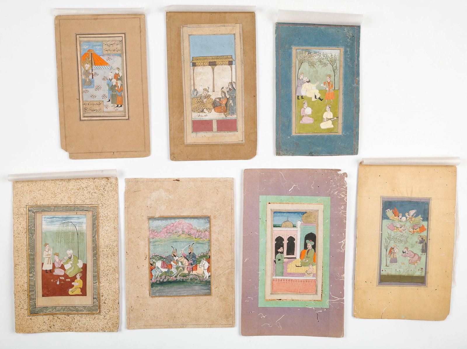 Group Of 7 Indo-Persian Mughal Miniature Paintings, Court Scenes, Polo, Garden Assemblies, 18th/19th: Group Of 7 Indo-Persian Mughal Miniature Paintings, Court Scenes, Polo, Garden Assemblies, 18th/19th C. Sizes From: 6.75'' x 4'', 17 x 10 cm (sheet); 10.5'' x 6.75'', 27 x 17 cm (mat); To: 9.25'' x 5.