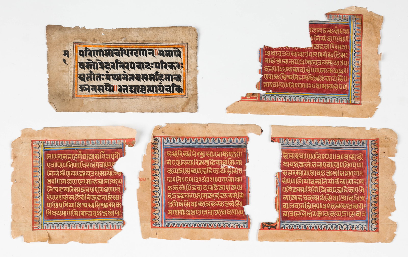 5 Manuscript Page Fragments, India, 19th C.: 5 Manuscript Page Fragments, India, 19th C. Ink, opaque watercolor, gilt on paper. Sizes From: 5.5'' x 5.5'', 14 x 14 cm (sheet); To: 5.25'' x 7'', 13 x 18 cm (sheet).