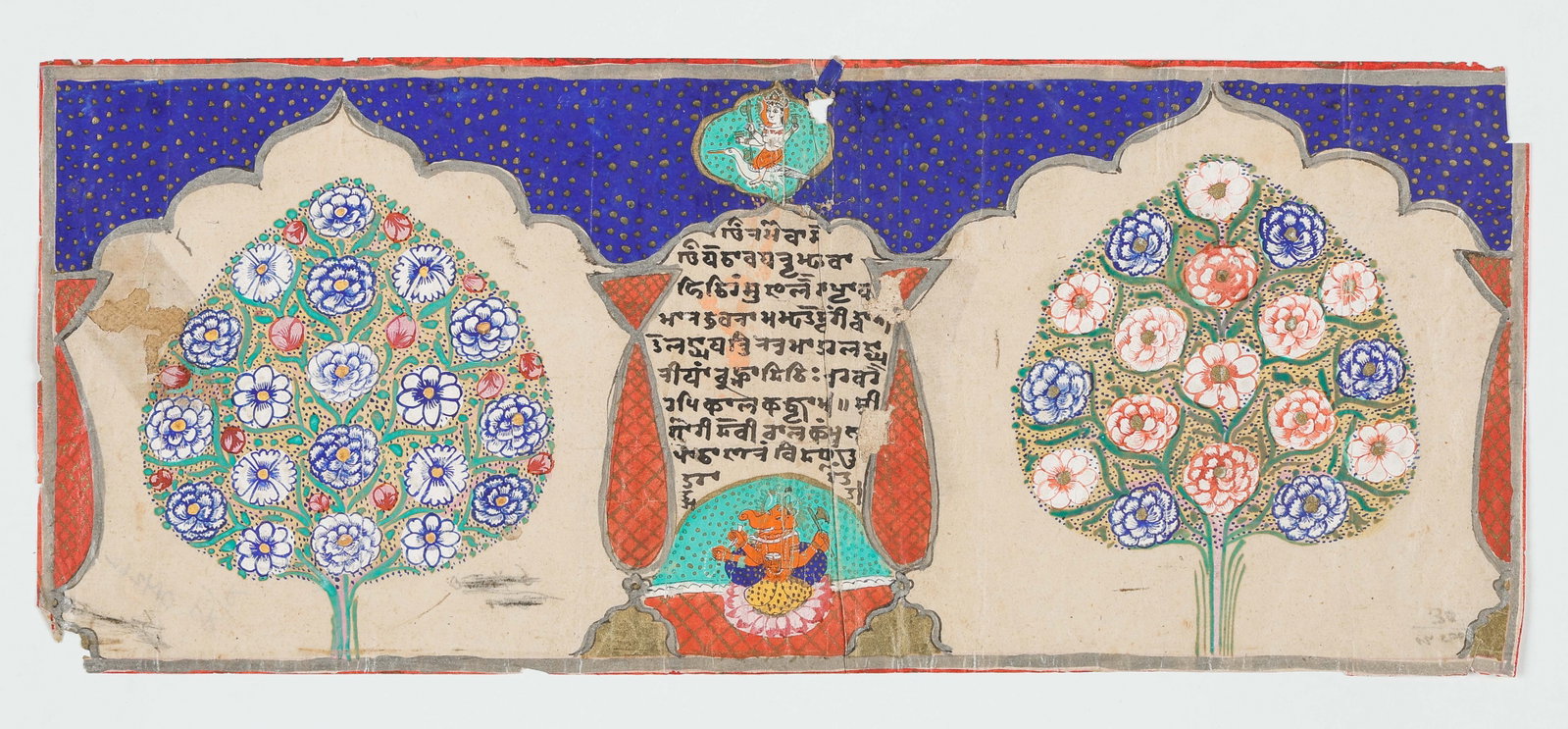 Jain Manuscript Folio, Western India, Late 17th/Early 18th C.: Jain Manuscript Folio, Western India, Late 17th/Early 18th C. Size: 5.5'' x 14'', 14 x 36 cm (sheet); 14'' x 17'', 36 x 43 cm (mat). Opaque watercolor and ink on paper. The elongated composition featu