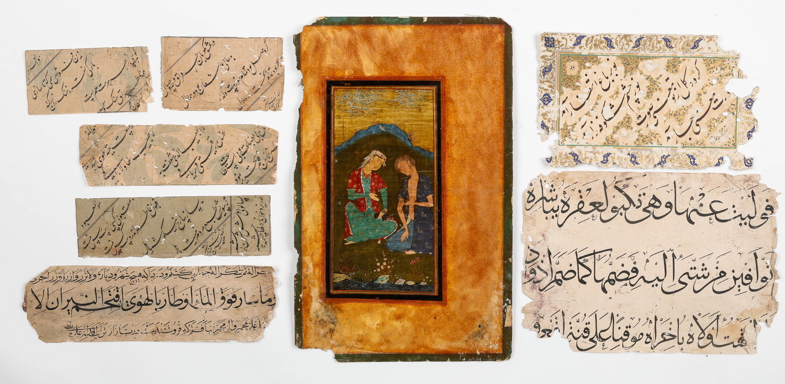 Safavid And Mughal Persian Calligraphy Fragments with Illuminated Panel and Miniature, 16th–19th C: Safavid And Mughal Persian Calligraphy Fragments with Illuminated Panel and Miniature, 16th-19th C. Ink, opaque watercolor, gilt on paper. Sizes From: 3'' x 5.5'', 8 x 14 cm (sheet); To: 15.75'' x 10'