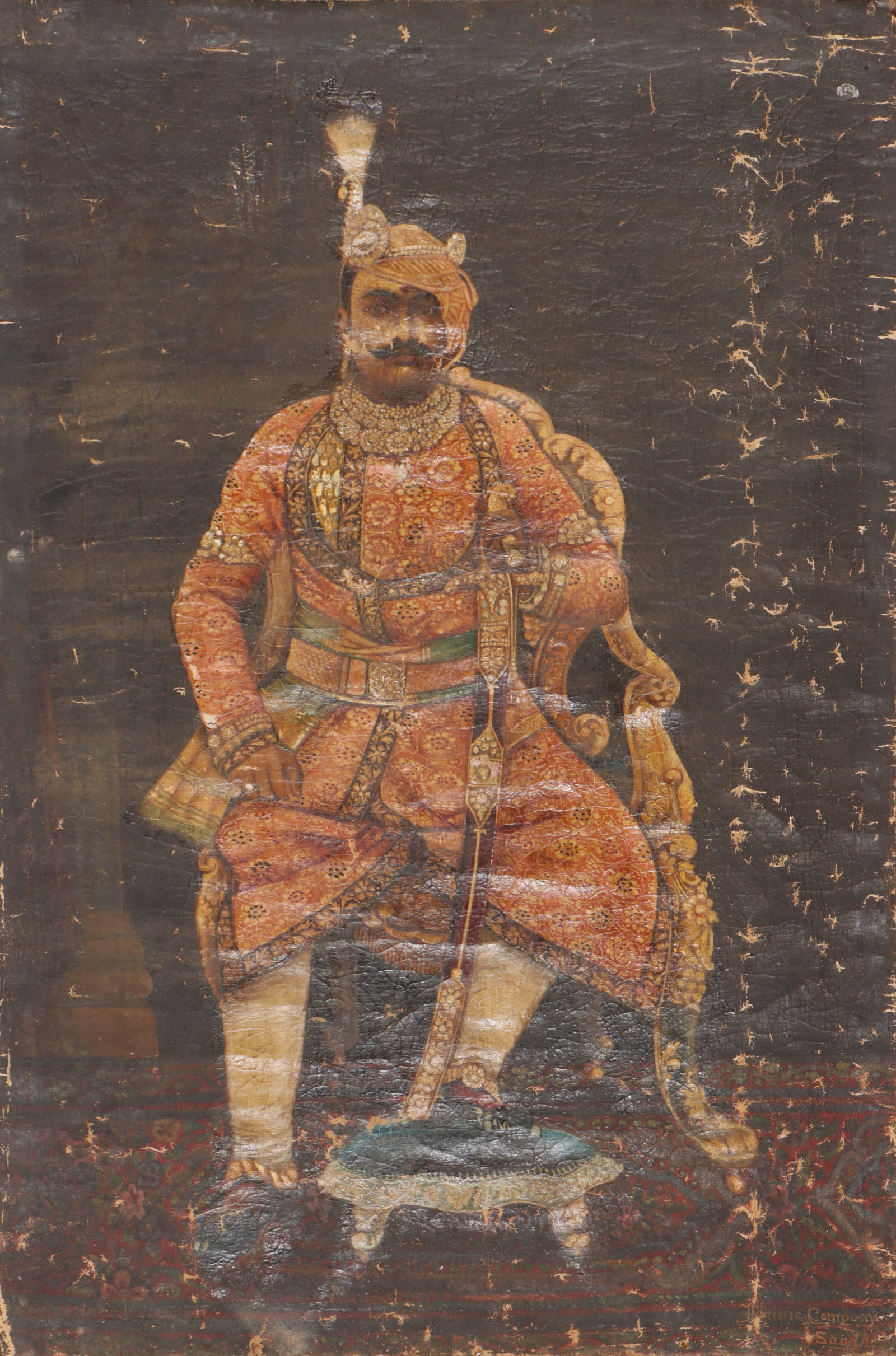 Anglo-Indian Company School Portrait, Late 19th C. 46" x 33": Anglo-Indian Company School Portrait, Late 19th C. Oil on canvas. Inscribed in lower right: "Artistic Company, Sandila" located in present-day Uttar Pradesh. Unframed. Size: 46'' x 30.5'', 117 x 77 cm