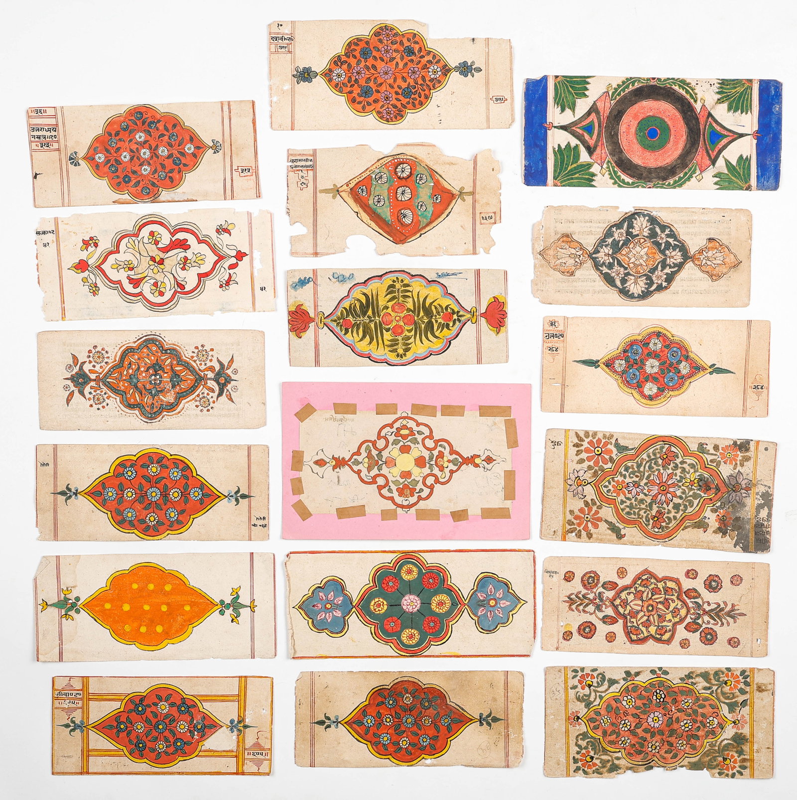 18 Indian Manuscript Painted Design Studies, North India (Rajasthan / Western India) Late 19th/Early: 18 Indian Manuscript Painted Design Studies, North India (Rajasthan / Western India) Late 19th/Early 20th C. Opaque watercolor and ink on paper. Some with Devanagari script annotations and marginal no