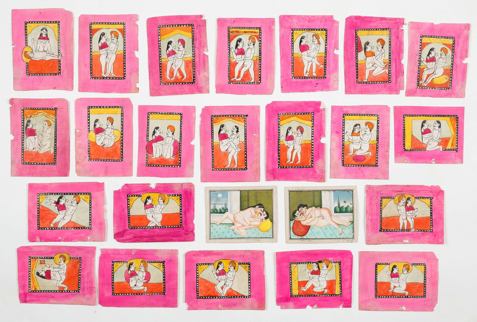 24 Indian Miniature Erotic Paintings, Rajasthan, Late 19th/Early 20th C.: 24 Indian Miniature Erotic Paintings, Rajasthan, Late 19th/Early 20th C. Opaque watercolor on paper. Series of amorous scenes inspired by the Kama Shastra (Kamasutra tradition). Unframed. Sizes From: 