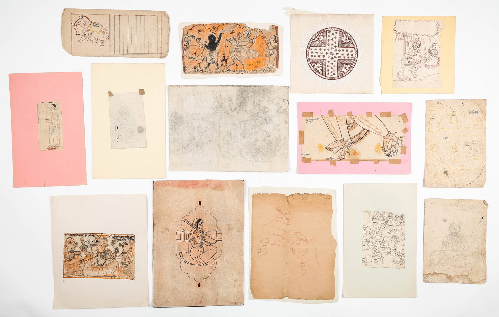 Group Of 14 Indian Miniature Drawing Study Collection, Rajput/Gujarati School, 18th-20th C.: Group Of 14 Indian Miniature Drawing Study Collection, Rajput/Gujarati School, 18th-20th C. Sizes from: 6.5'' x 4.75'', 17 x 12 cm (sheet); 7.5'' x 7'', 19 x 18 cm (mat); To: 12.25'' x 8.75'', 31 x 22
