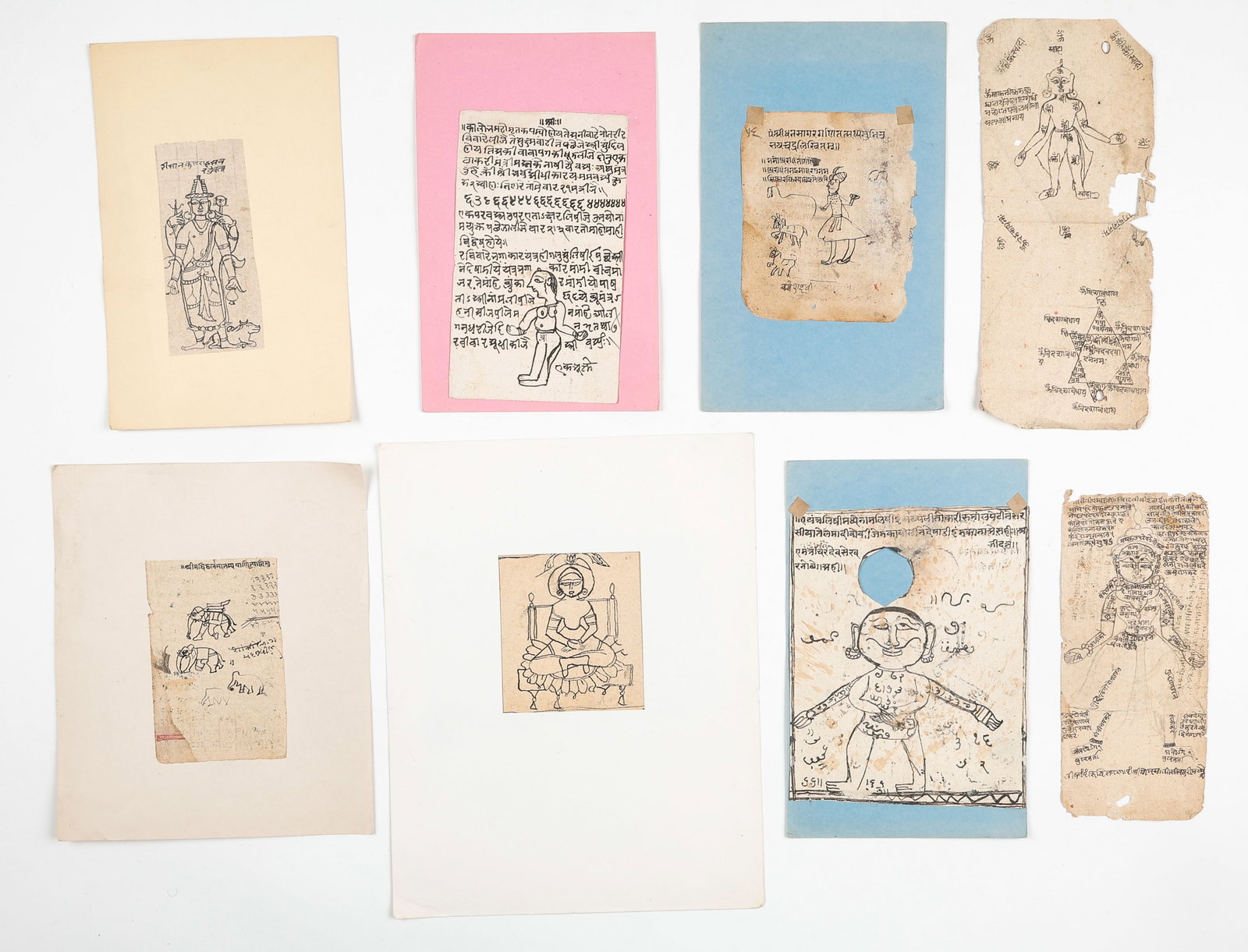 Study Collection Of 8 Indian Illustrated Manuscript Fragments, Tantric Diagram Figures, Rajasthan (1 of 4)