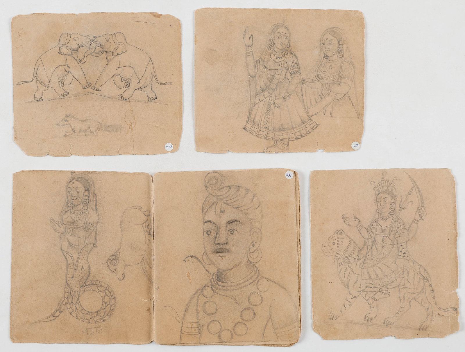 Indian Miniature Artist Sketchbook, Deity Studies Ganesha Durga Vishnu, Late 19th/Early 20th C.: Indian Miniature Artist Sketchbook, Deity Studies Ganesha Durga Vishnu, Late 19th/Early 20th C. Size: 6.5'' x 5.5'', 17 x 14 cm (sheet). A Indian miniature painting artist’s sketchbook (rekha-pustak