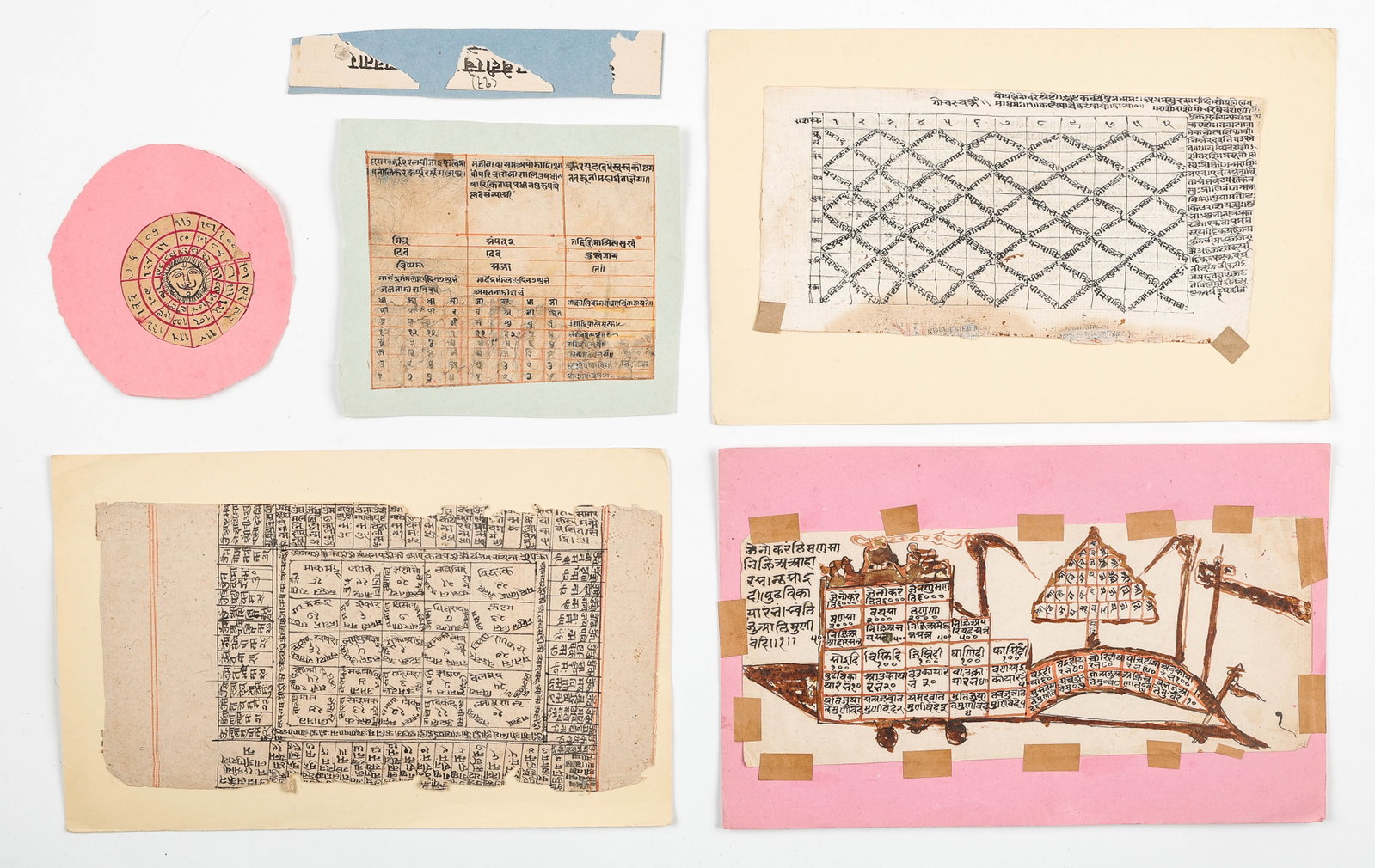 6 Indian Astrological Manuscript Charts, Kundali, Yantra, And Panchang Sheets, 19th/20th C.: 6 Indian Astrological Manuscript Charts, Kundali, Yantra, And Panchang Sheets, 19th/20th C. Sizes From: 2.25'' x 2.25'', 6 x 6 cm (sheet); 4.5'' x 4.25'', 11 x 11 cm (mat); To: 4.25'' x 10.25'', 11 x 