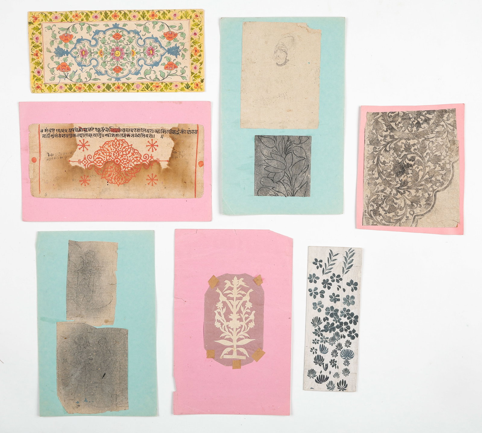 Group Of 7 Indian Mughal Rajasthani Design Study Collection, 19th C.: Group Of 7 Indian Mughal Rajasthani Design Study Collection, 19th C. Sizes From: 5.75'' x 6.75'', 15 x 17 cm (sheet); 6.25'' x 7'', 16 x 18 cm (mat); To: 10'' x 4.25'', 25 x 11 cm (sheet); 11.25'' x 7
