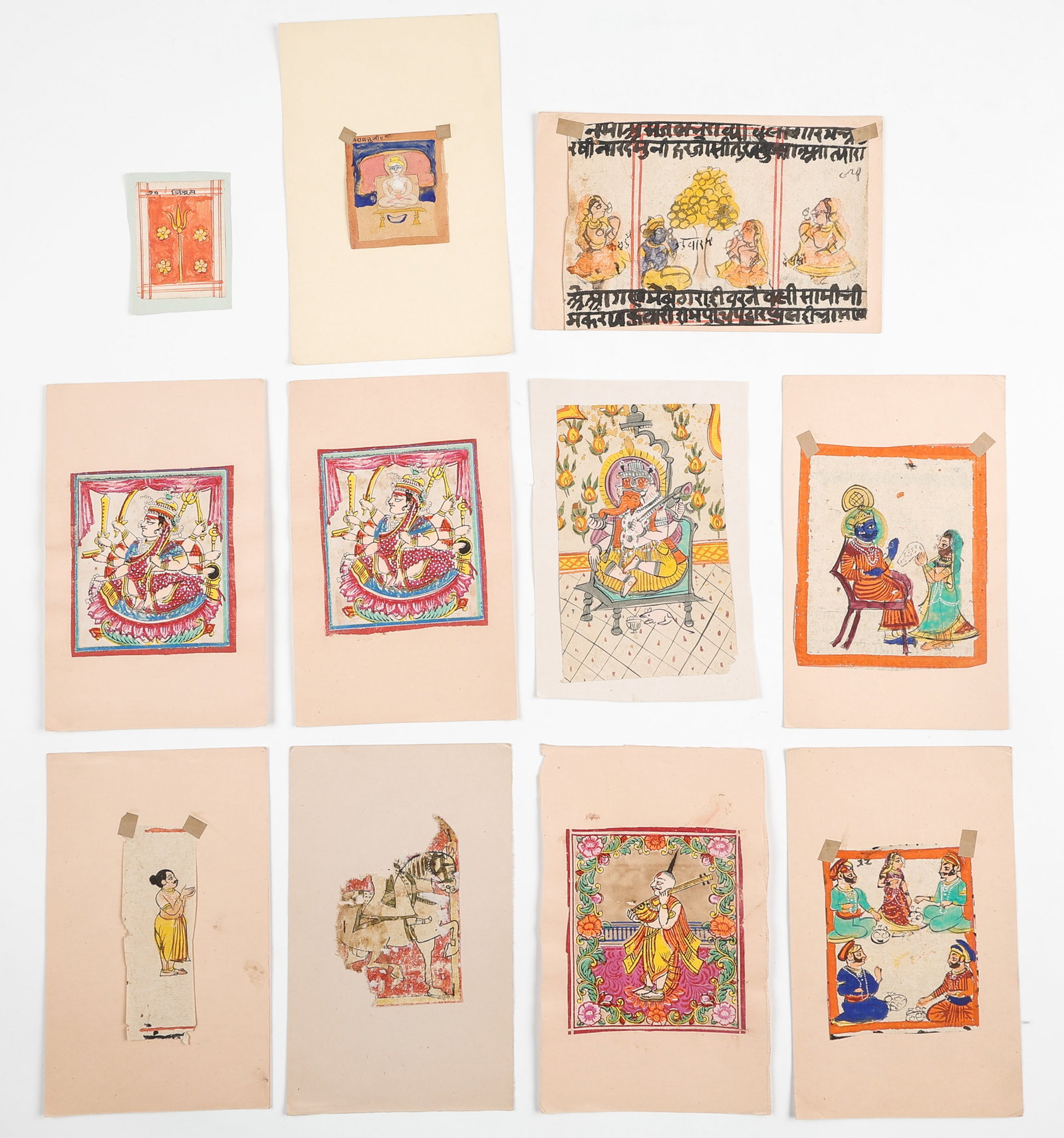 Group Of 11 Indian Miniature Paintings And Manuscript Folios, Rajasthan/Gujarat, 19th/20th C.: Group Of 11 Indian Miniature Paintings And Manuscript Folios, Rajasthan/Gujarat, 19th/20th C. Sizes From: 2.75'' x 3.75'', 7 x 10 cm (sheet); 4.5'' x 3.25'', 11 x 8 cm (mat); To: 6.75'' x 9.5'', 17 x 
