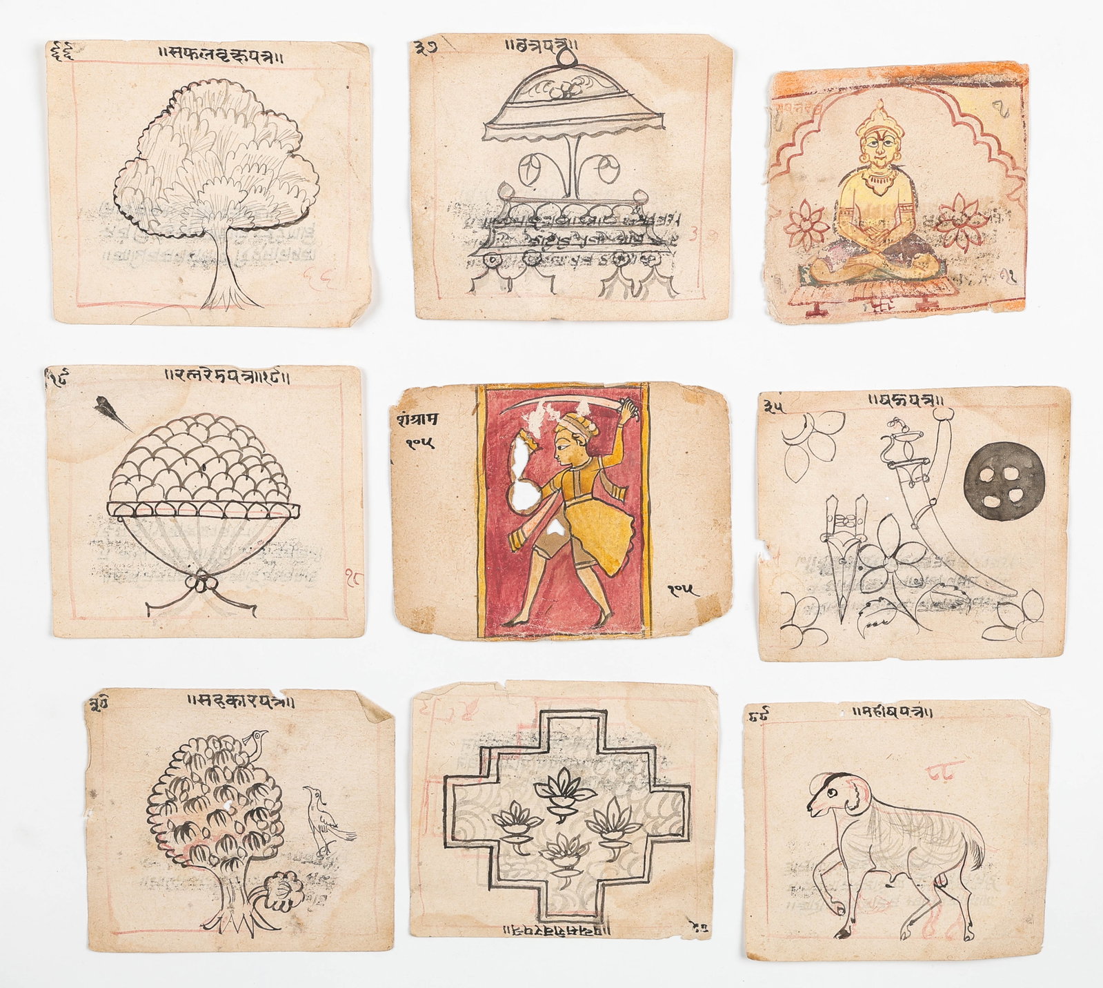 Group Of 9 Indian Gujarati Jain School Manuscript Folios, 18th/19th C.: Group Of 9 Indian Gujarati Jain School Manuscript Folios, 18th/19th C. Sizes From: 4'' x 4.25'', 10 x 11 cm (sheet); To: 4.25'' x 5.25'', 11 x 13 cm (sheet). Executed in ink and opaque watercolor on p