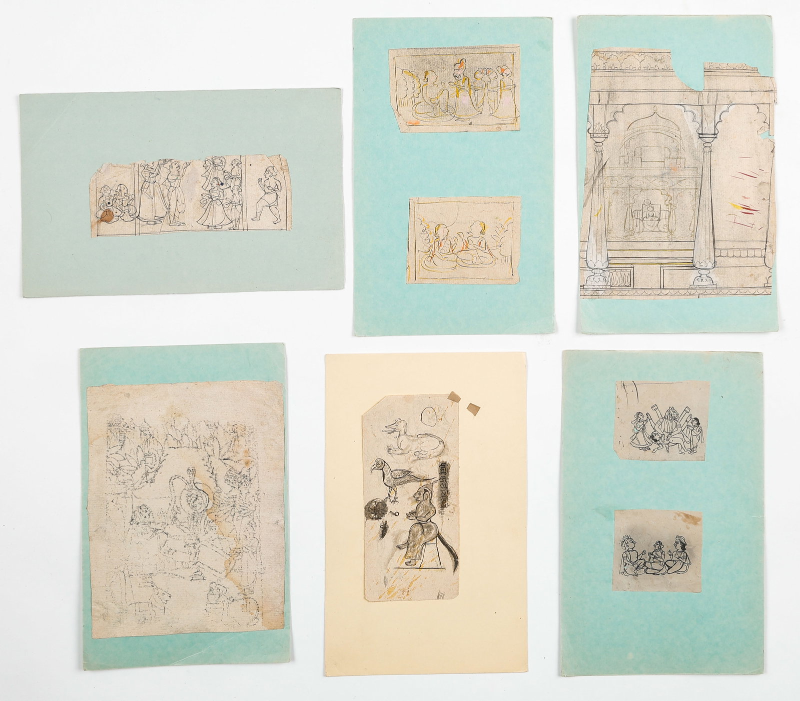 6 Indian Miniature Painting Atelier Sketches, Rajasthani/Pahari Workshop, 18th/19th C.: Group Of 6 Indian Miniature Painting Atelier Sketches, Rajasthani/Pahari Workshop, 18th/19th C. Sizes From: 2.75'' x 3'', 7 x 8 cm (sheet); 11.25'' x 7'', 29 x 18 cm (mat); To: 8.75'' x 6.75'', 22 x 1