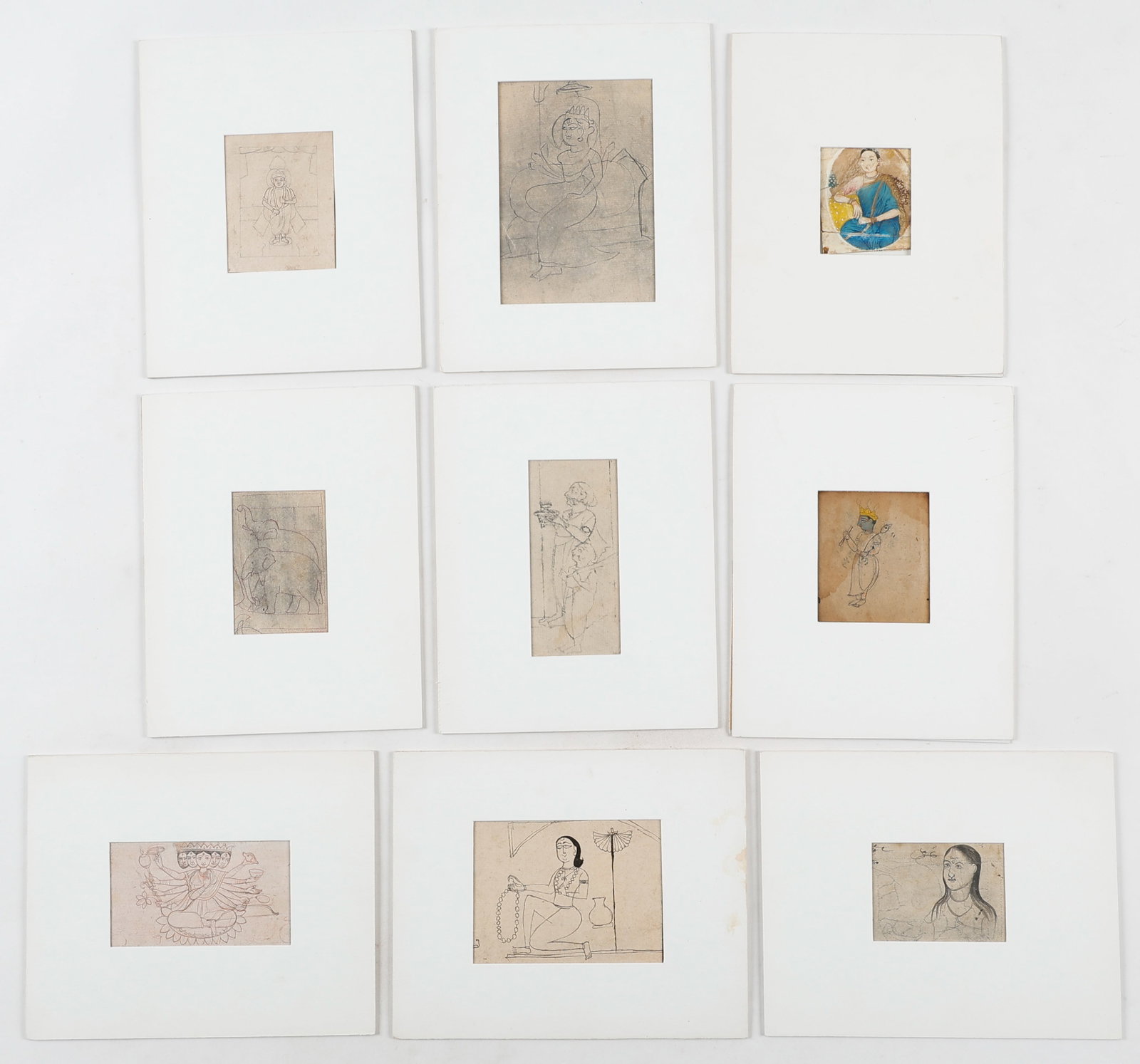 9 Indian Miniature Preparatory Drawing Studies, Rajasthan, 19th/20th C.: 9 Indian Miniature Preparatory Drawing Studies, Rajasthan, 19th/20th C. Sizes From: 3.5'' x 3'', 9 x 8 cm (sheet); 10'' x 8'', 25 x 20 cm (mat); To: 7.25'' x 5'', 18 x 13 cm (sheet); 10.25'' x 8'', 26