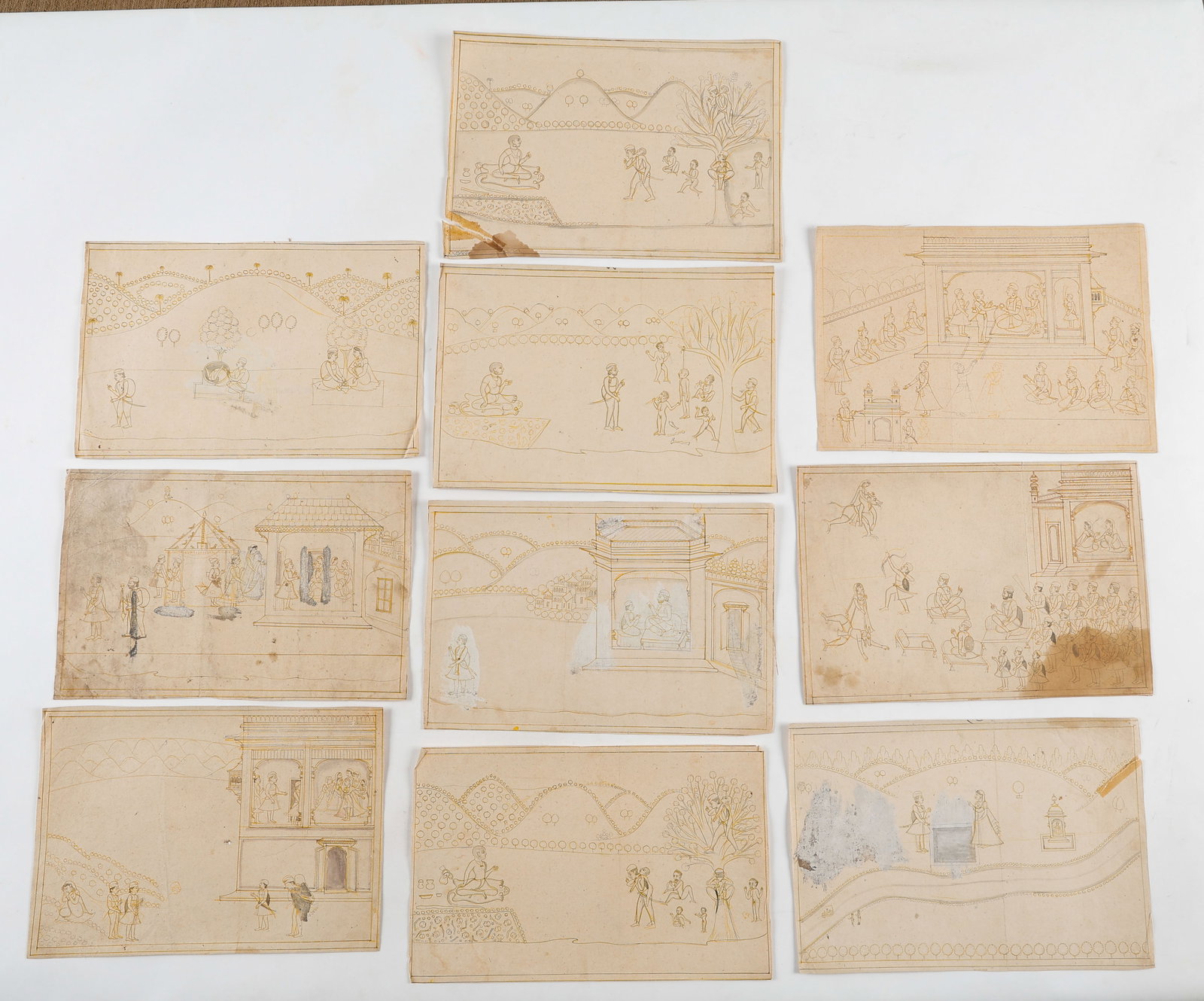 10 Indian Miniature Painting Preparatory Drawings, Rajasthan or Pahari Region, Late 18th- Early 19th: 10 Indian Miniature Painting Preparatory Drawings / Pounced Compositional Studies, Rajasthan or Pahari Region, Late 18th- Early 19th C. Sizes From: 10.25'' x 16'', 26 x 41 cm (sheet); To: 11'' x 16'',