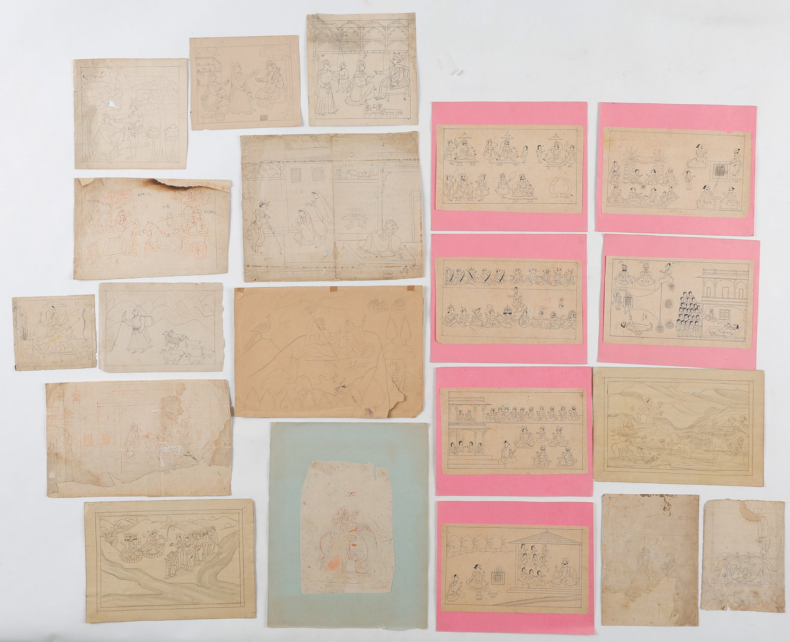 20 Indian Miniature Painting Preparatory Drawings and Workshop Studies, Rajasthan, Late 19th-Early: 20 Indian Miniature Painting Preparatory Drawings and Workshop Studies, Rajasthan, Late 19th-Early 20th C. Sizes From: 5.25'' x 5.75'', 13 x 15 cm (sheet); To: 9'' x 6.5'', 23 x 17 cm (sheet); 14'' x 