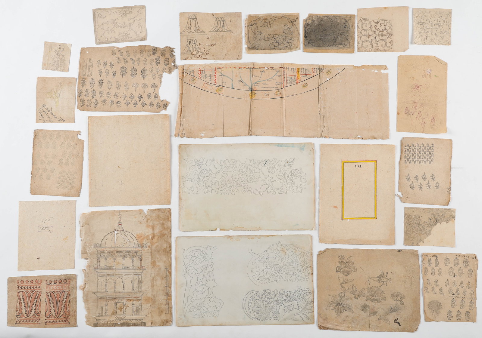 Study Collection Of 23 Indian Architectural And Textile Designs, Rajasthan/Gujarat, Late 19th -: Study Collection Of 23 Indian Architectural And Textile Design Sketches, Rajasthan/Gujarat, Late 19th - early 20th C. Sizes From: 3.25'' x 3'', 8 x 8 cm (sheet); To: 8.25'' x 24.25'', 21 x 62 cm (shee