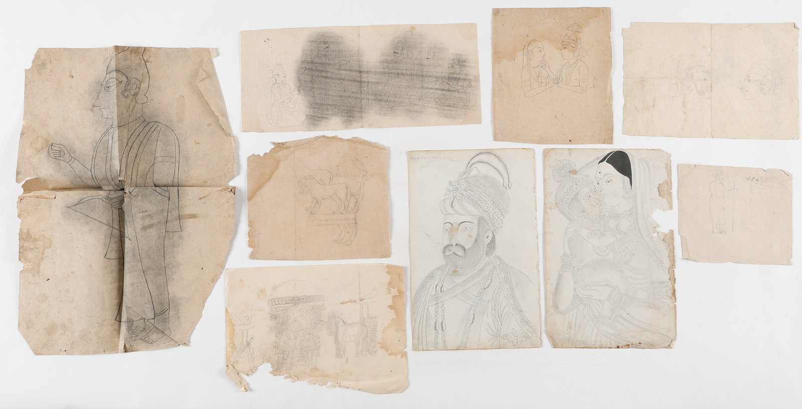 Study Collection Of 9 Indian Miniature Preparatory Drawings, Rajasthan, Late 19th-Early 20th C.: Study Collection Of 9 Indian Miniature Preparatory Drawings, Rajasthan, Late 19th-Early 20th C. Sizes From: 7.5'' x 8.5'', 19 x 22 cm (sheet); To: 26.5'' x 16.75'', 67 x 43 cm (sheet). Executed in gra