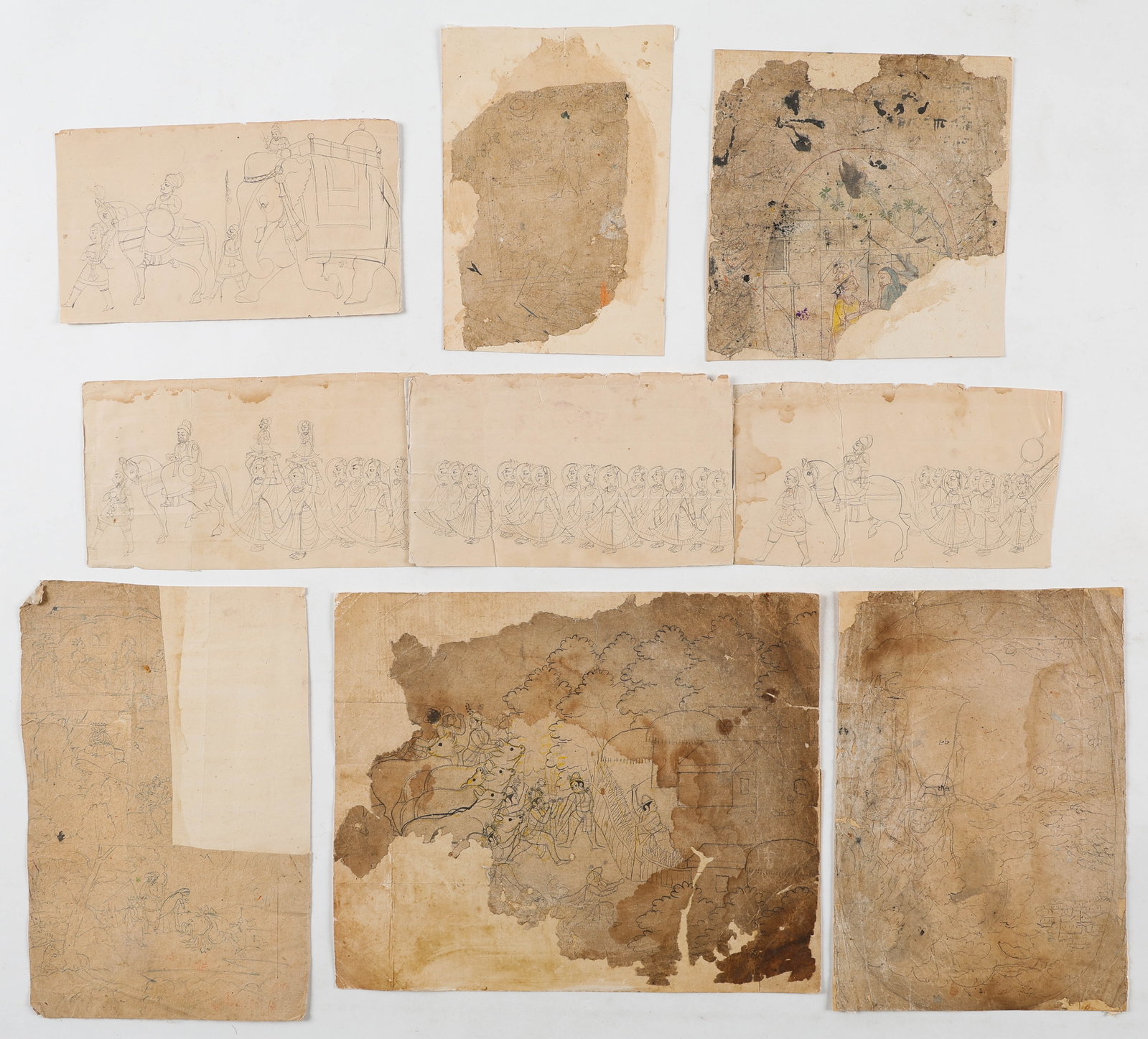 Study Collection of 6 Indian Miniature Workshop Drawings, Rajput Procession Studies, 19th/20th C.: Study Collection of 6 Indian Miniature Workshop Drawings, Rajput Procession Studies, 19th/20th C. Sizes From: 7.5'' x 7.25'', 19 x 18 cm (sheet); To: 10.25'' x 12.25'', 26 x 31 cm (sheet). Indian mini