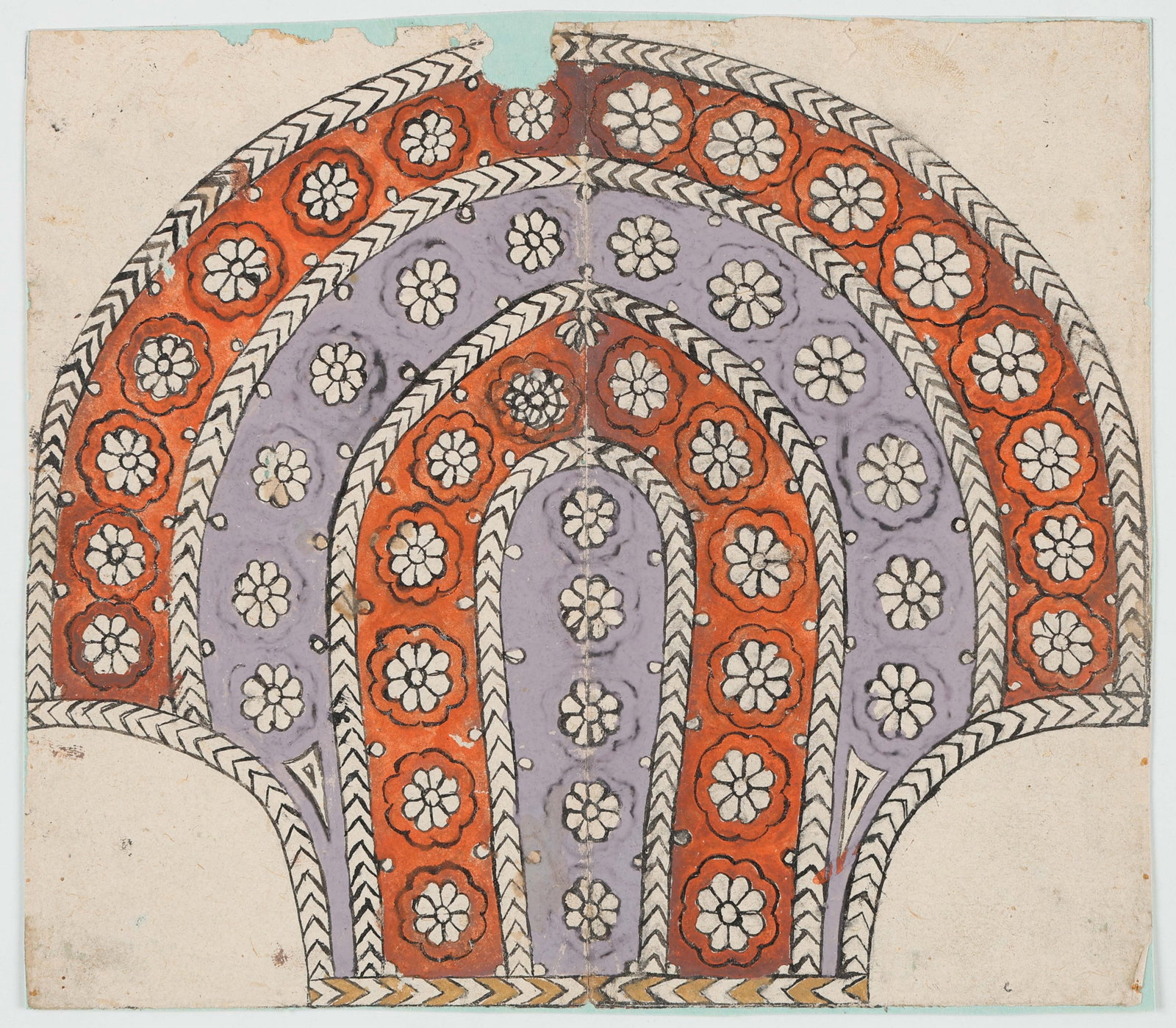 Indian Miniature Painting Architectural Arch Motif Floral Design Study, Rajasthan, 19th C. (1 of 4)