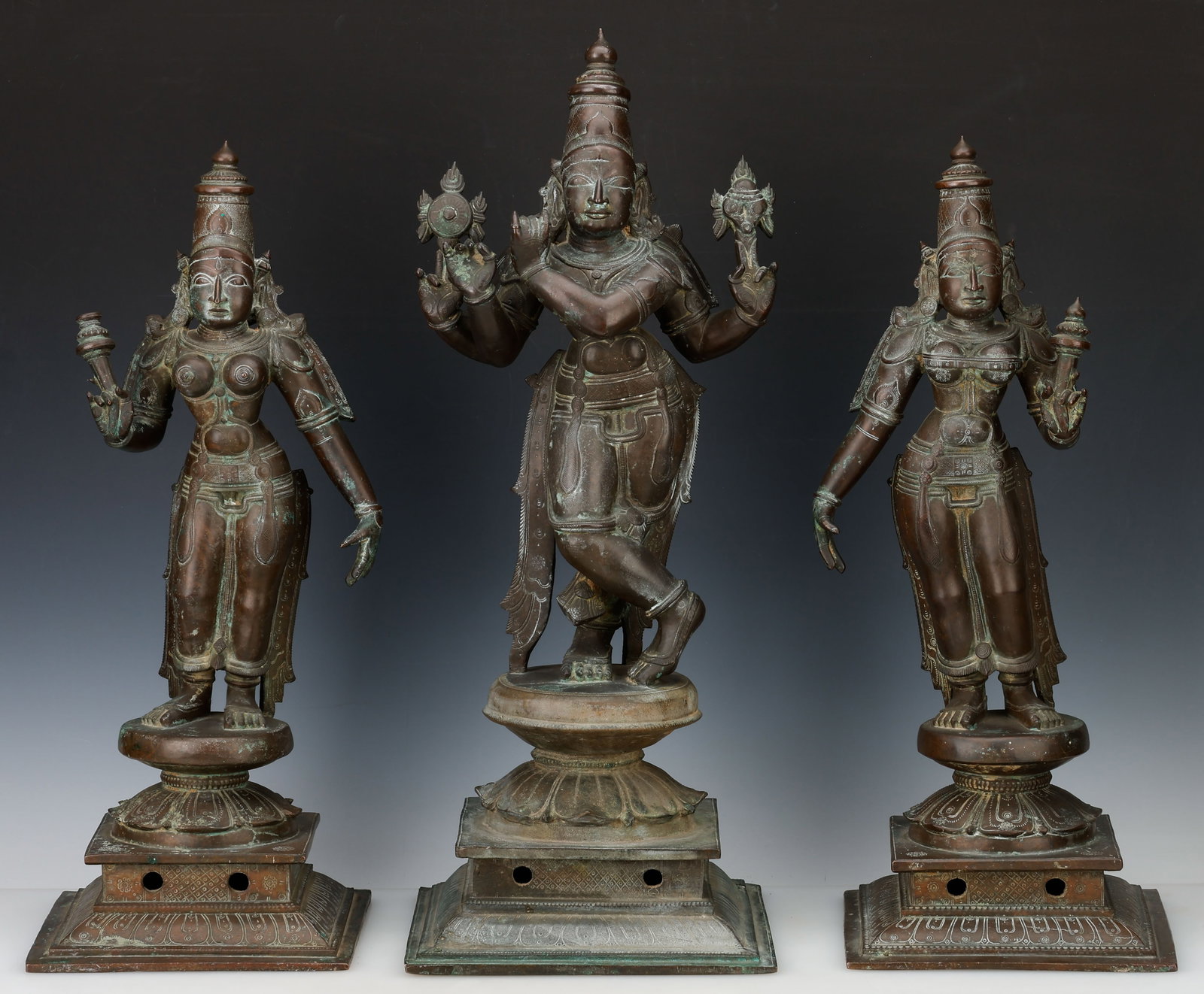 Large South Indian Cast Bronze Sculptural Triad : Mid-Late 19th century Trio of Krishna as Venugopal (1 of 7)