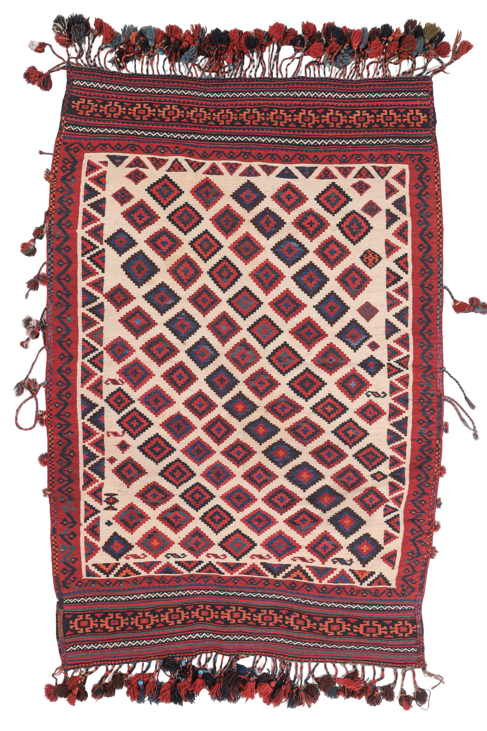 Bakhtiari Flatwoven Sofreh, Persia, Early 20th C., 4'9'' x 6'11'': Bakhtiari Flatwoven Sofreh, Persia, Early 20th C., 4'9'' x 6'11'' (145 x 211 cm). Weight: 14 lbs. Material: wool surface, wool warp, Excellent condition.