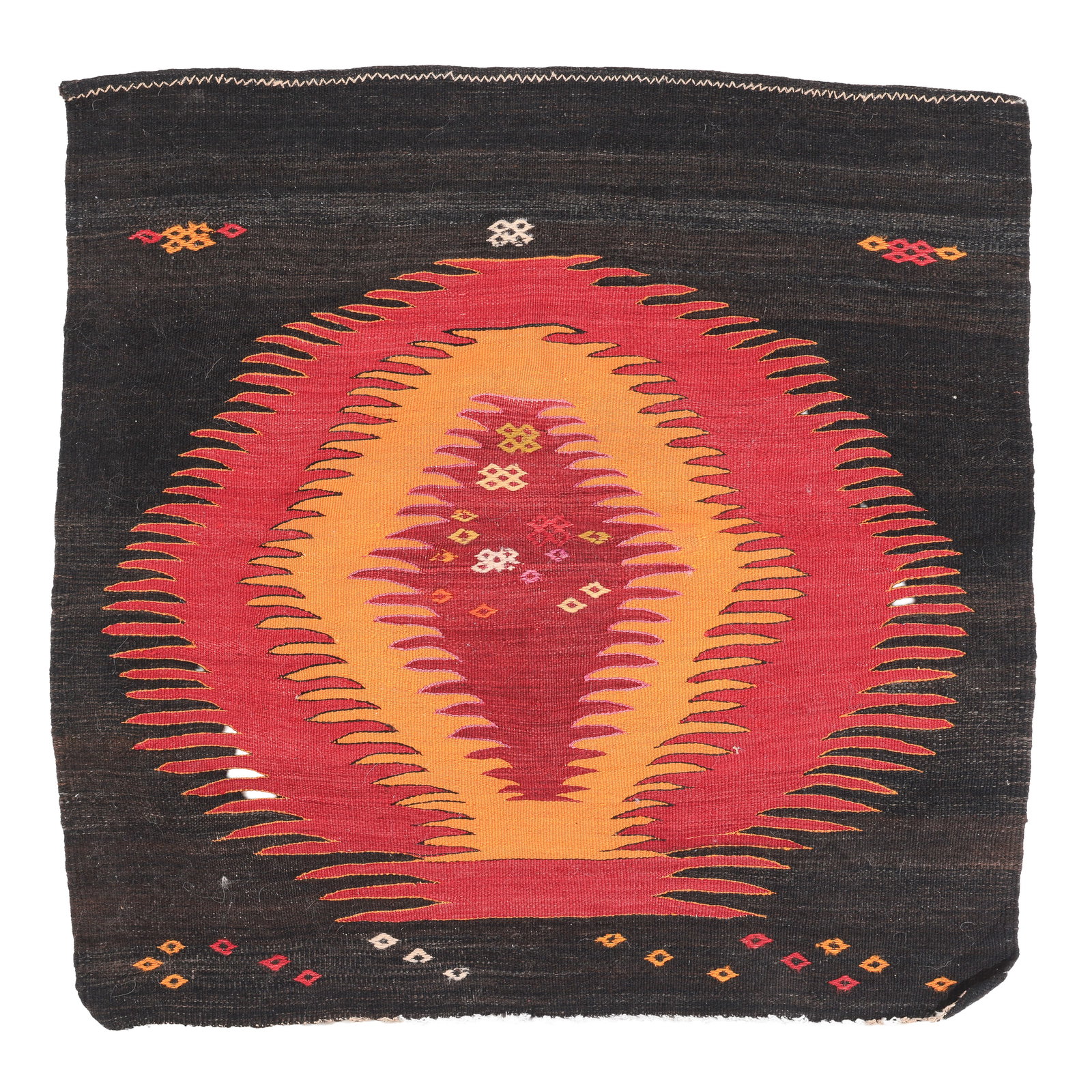 Taurus Mountain Kilim Sofra, Turkey, Mid 20th C., 3'4'' x 3'3'': Taurus Mountain Kilim Sofra, Turkey, Mid 20th C., 3'4'' x 3'3'' (102 x 99 cm). Weight: 4 lbs. Material: wool surface, wool warp. Excellent condition.