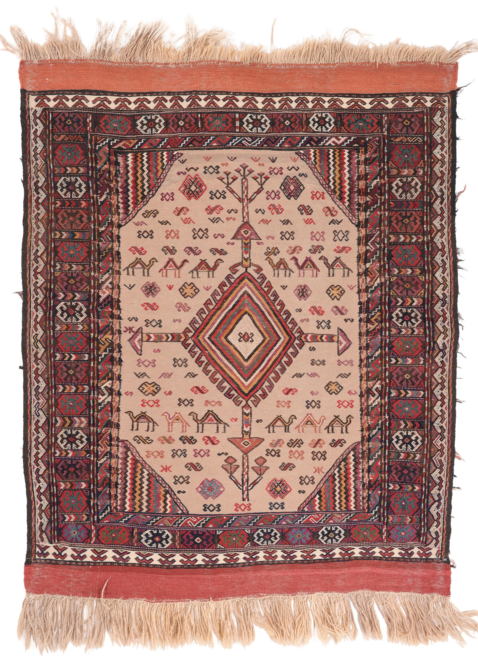 Kordi Flatwoven Camel Hair Weaving, Persia, Early 20th C., 3'9'' x 4'7'': Kordi Flatwoven Camel Hair Weaving, Persia, Early 20th C., 3'9'' x 4'7'' (114 x 140 cm). Weight: 6 lbs. Material: wool surface, wool warp. Excellent condition.