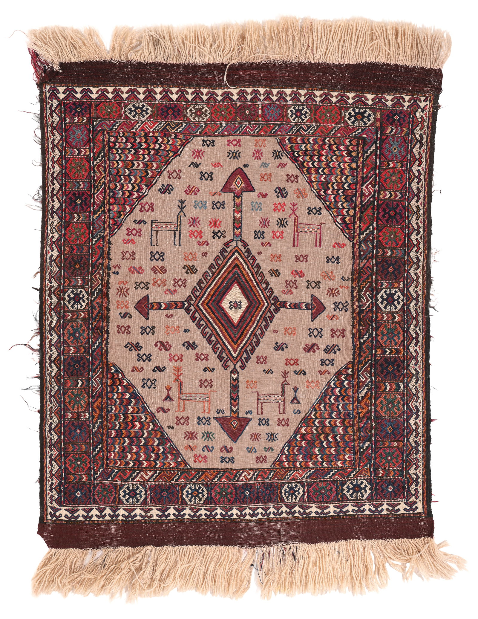 Kordi Flatwoven Camel Hair Weaving, Persia, Early 20th C., 3'6'' x 4'2'': Kordi Flatwoven Camel Hair Weaving, Persia, Early 20th C., 3'6'' x 4'2'' (107 x 127 cm). Weight: 6 lbs. Material: wool surface, wool warp. Excellent condition.