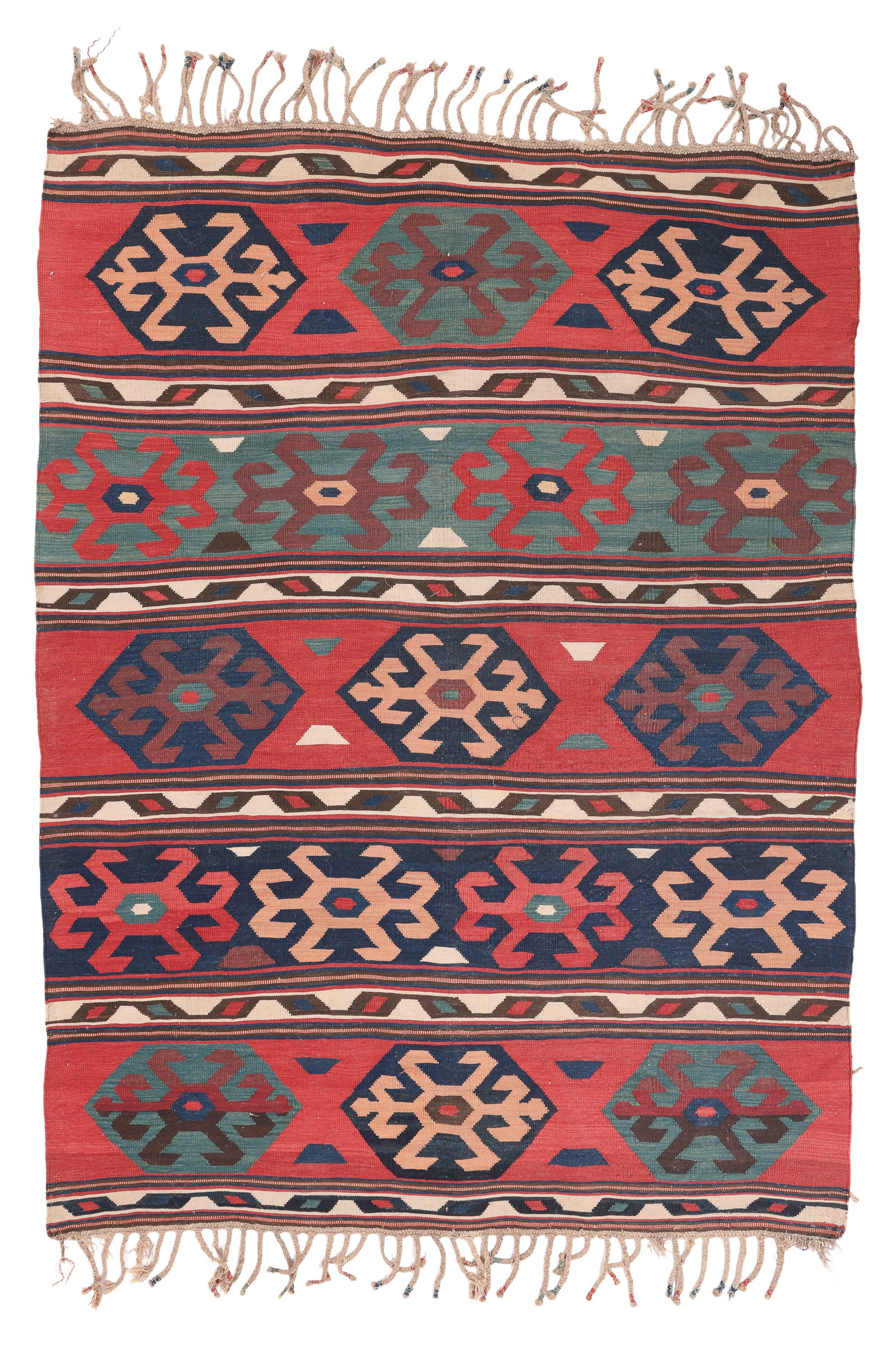 Shahsevan Kilim, Transcaucasus, Ca. 1880, 5'7'' x 7'8'': Shahsevan Kilim, Transcaucasus, Ca. 1880, 5'7'' x 7'8'' (170 x 234 cm). Weight: 14 lbs. Material: wool surface, wool warp. Excellent condition.