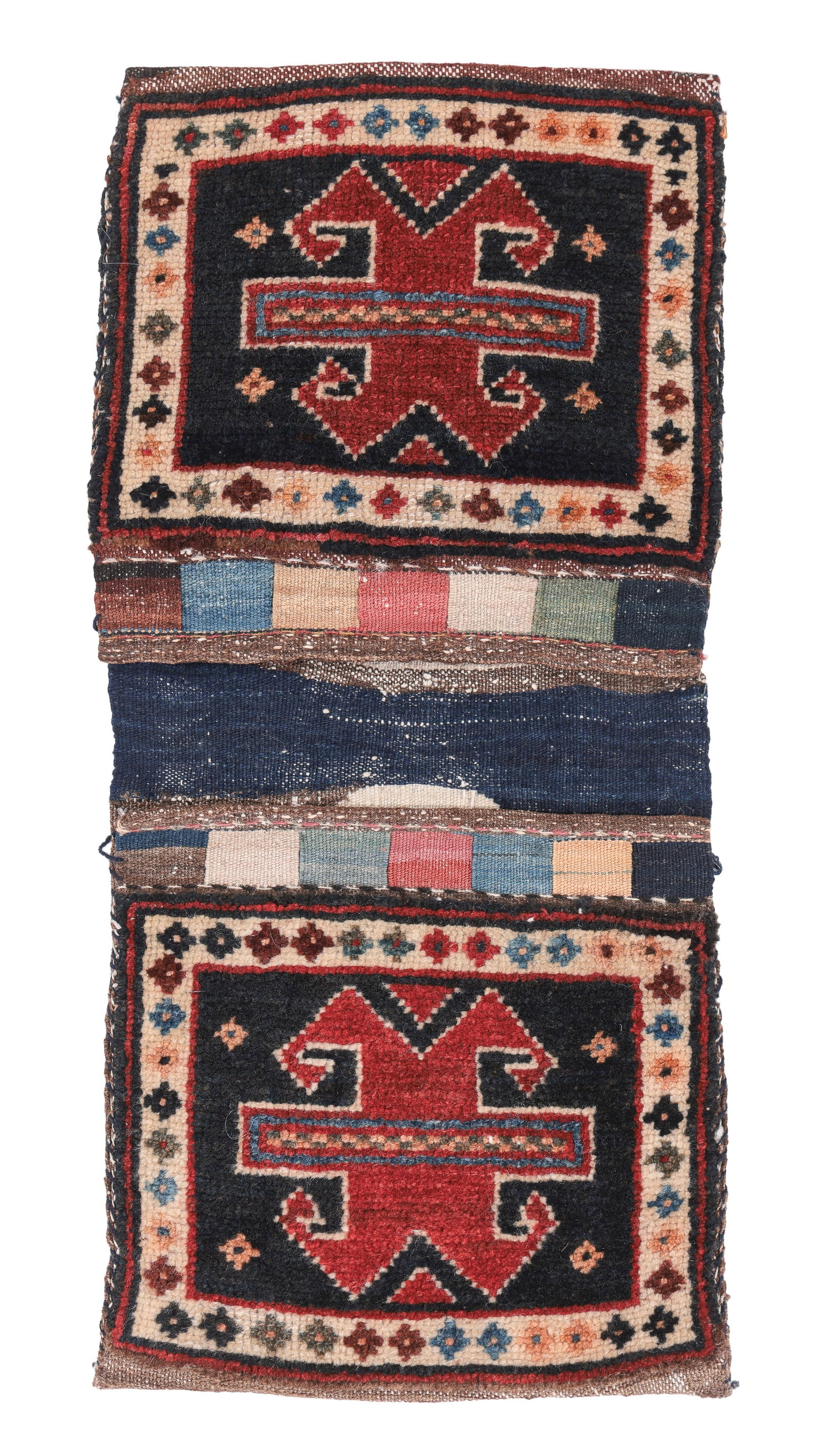 Small Gashgai Double Pile Saddlebag, Persia, Ca. 1900, 1'0'' x 2'1'': Small Gashgai Double Pile Saddlebag, Persia, Ca. 1900, 1'0'' x 2'1'' (30 x 64 cm). Weight: 2 lbs. Material: wool pile, wool warp, wool weft.