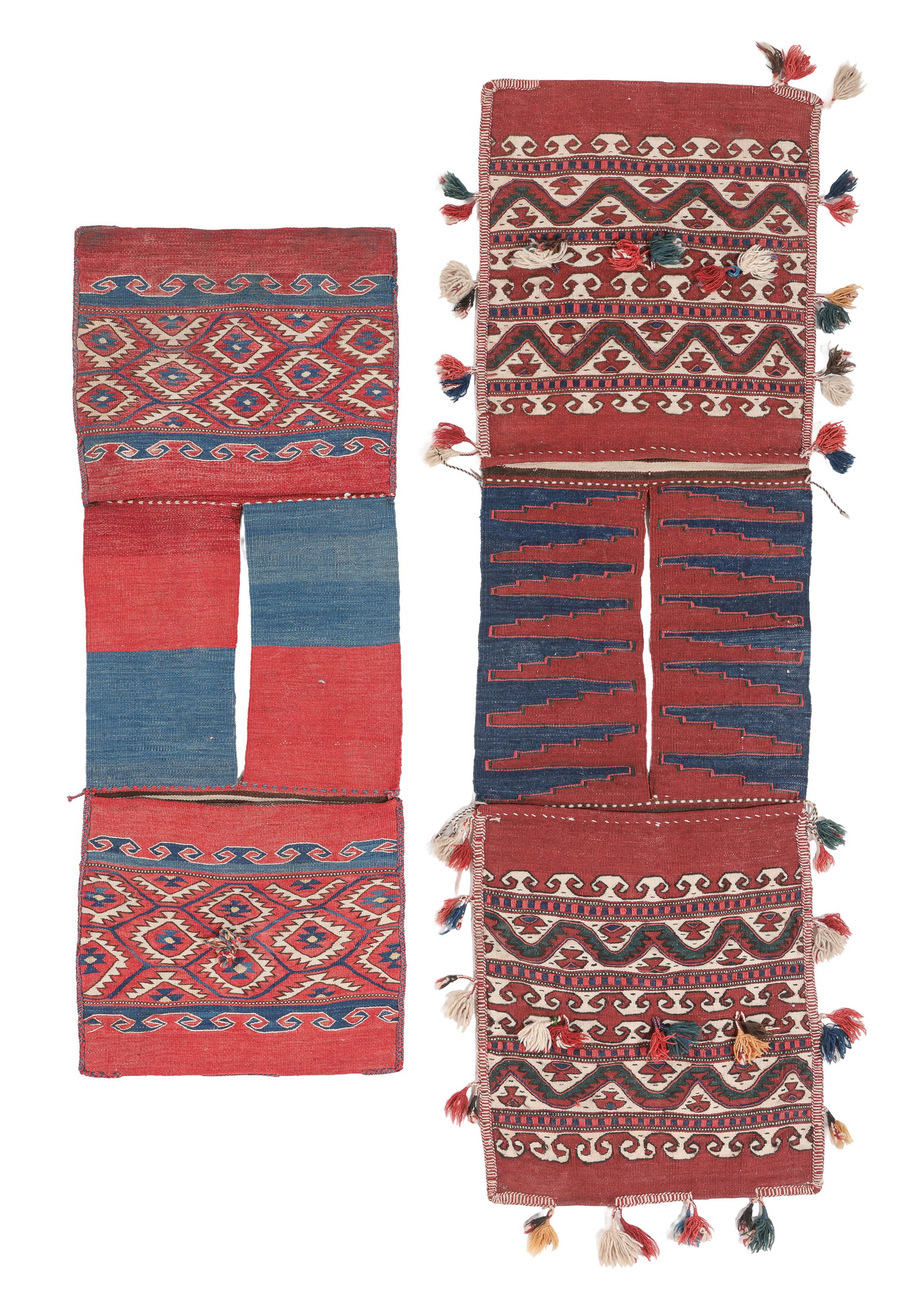 Two Yuncu Balikesir Heybe/Saddlebags, West Anatolia, Ca. 1900: Two Yuncu Balikesir Heybe/Saddlebags, West Anatolia, Ca. 1900, Largest Size: 1'5'' x 4'8'' (43 x 142 cm). Weight: 6 lbs. Material: wool surface, wool warp. Excellent condition.