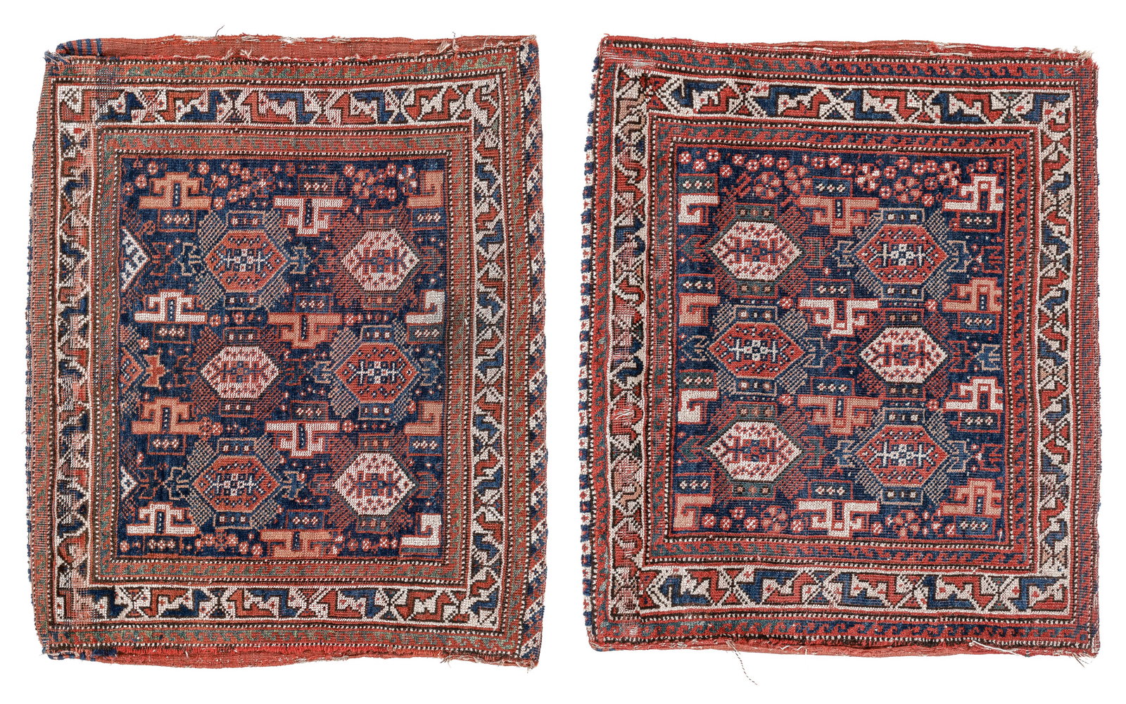 Pair of Afshar Bagfaces, Persia, Ca. 1875: Pair of Afshar Bagfaces, Persia, Ca. 1875, Each 2'1'' x 2'6'' (64 x 76 cm). Weight: 8 lbs. Material: wool pile, wool warp, wool weft.