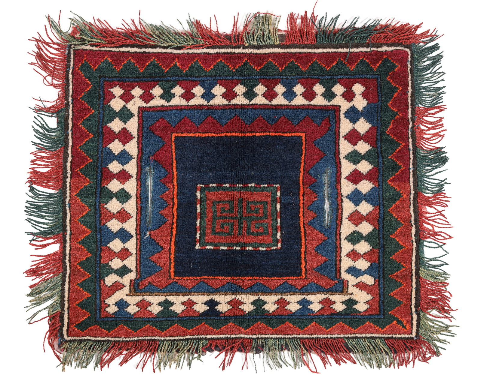 Kazak Pile Saddle Rug, Caucasus, Ca. 1900, 1'10'' x 2'2'': Kazak Pile Saddle Rug, Caucasus, Ca. 1900, 1'10'' x 2'2'' (56 x 66 cm). Weight: 3 lbs. Material: wool pile, wool warp, wool weft.