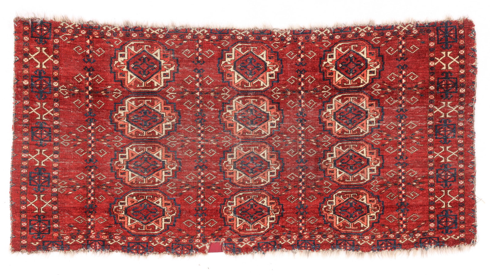 Ersari Chuval, Central Asia, 19th Century, 4'9" x 2'3": Ersari Chuval, Central Asia, 19th Century, 4'9" x 2'3". An unusual Ersari chuval by any standard-whether of design format or structure, with its asymmetric knot open to the left. The shape of the gols