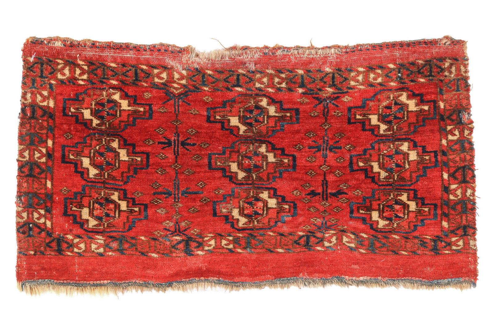 Tekke Mafrash, Central Asia, 19th C., 1'11" x 1': Tekke Mafrash, Central Asia, 19th C., 1'11" x 1'. In meaty condition, with virtually full pile, this modest bag-likely a kap, or personal bag-presents an unusually well-articulated small gol, accompan