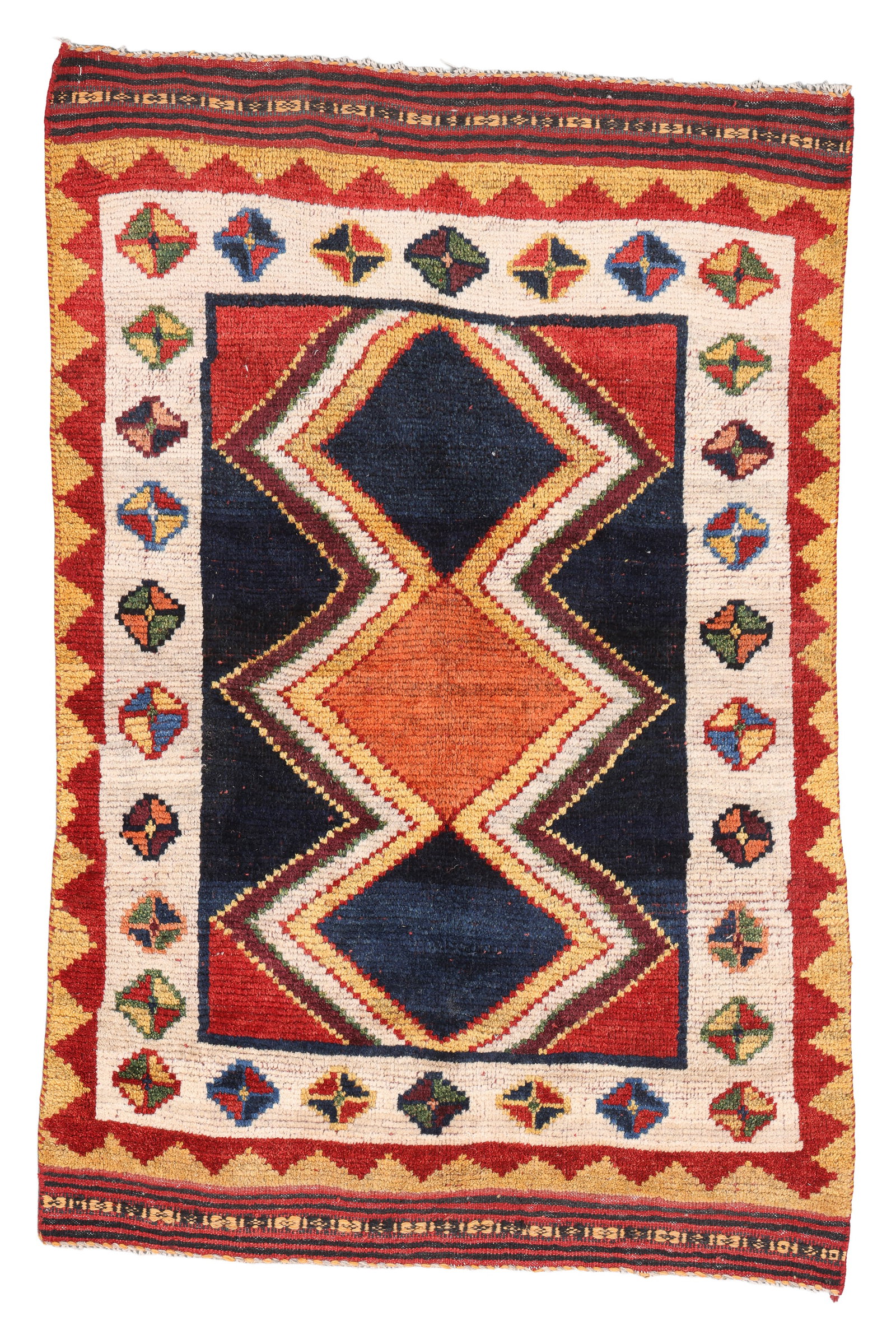 Gabbeh Rug, Persia, Ca. 1940, 3'10'' x 5'9'': Gabbeh Rug, Persia, Ca. 1940, 3'10'' x 5'9'' (117 x 175 cm). Weight: 10 lbs. Material: wool pile, wool warp, wool weft.