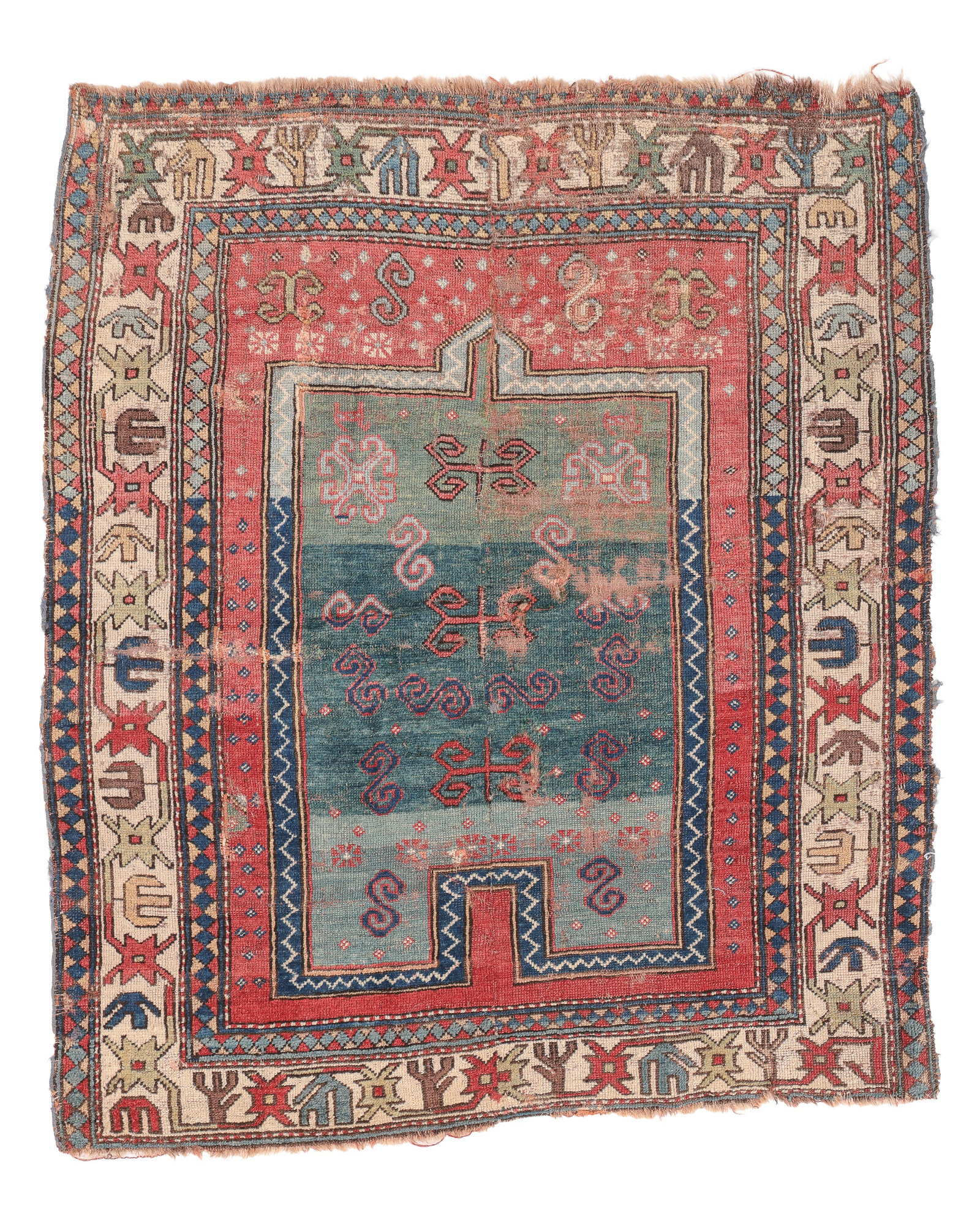 Kazak Prayer Rug, Caucasus, 19th C., 3'11'' x 4'8'': Kazak Prayer Rug, Caucasus, 19th C., 3'11'' x 4'8'' (119 x 142 cm). Weight: 6 lbs. Material: wool pile, wool warp, wool weft.