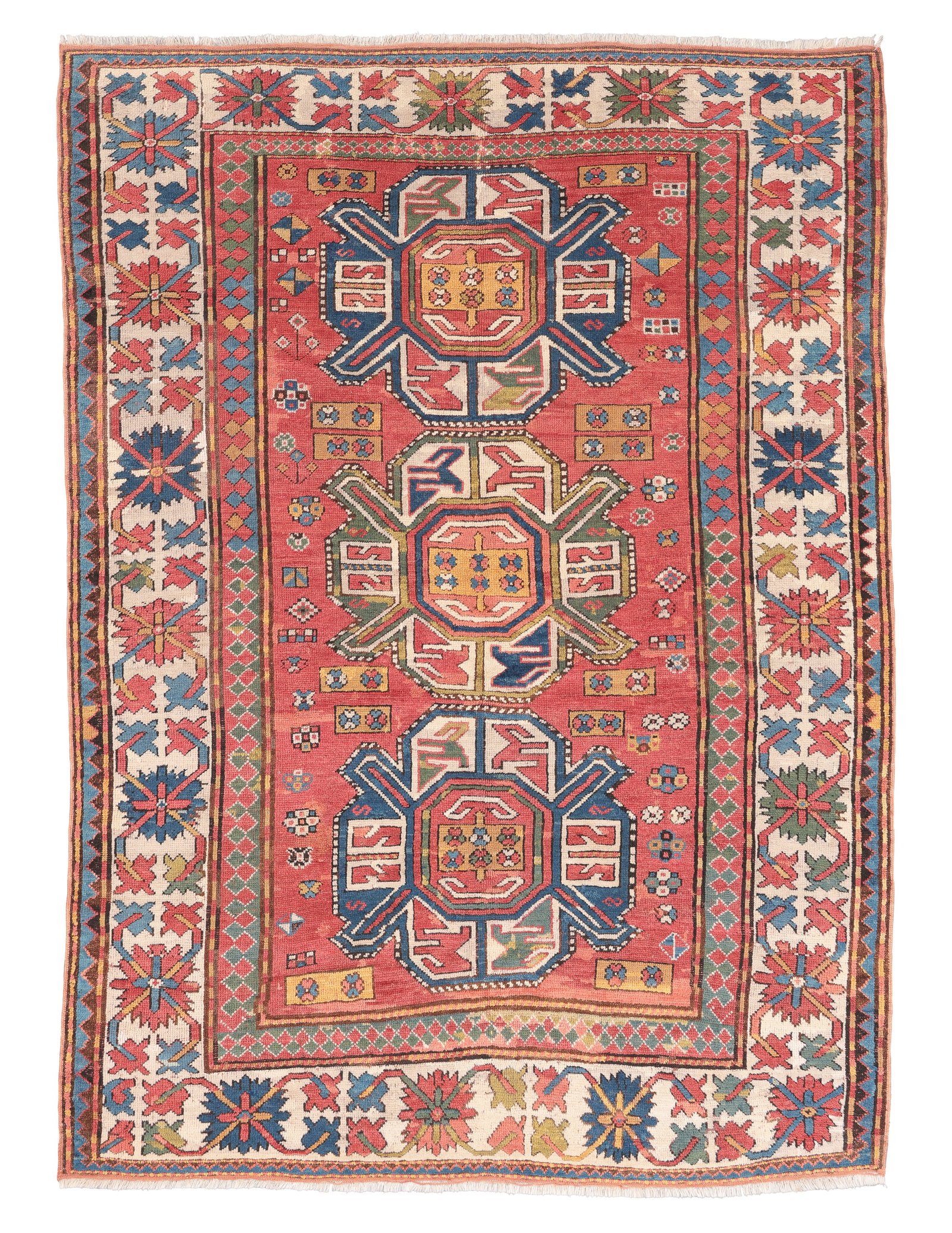 Kazak Rug, Caucasus, Ca. 1880, 5'3'' x 7'3'': Kazak Rug, Caucasus, Ca. 1880, 5'3'' x 7'3'' (160 x 221 cm). Weight: 13 lbs. Material: wool pile, wool warp, wool weft. Ends rewoven. Areas of repair.