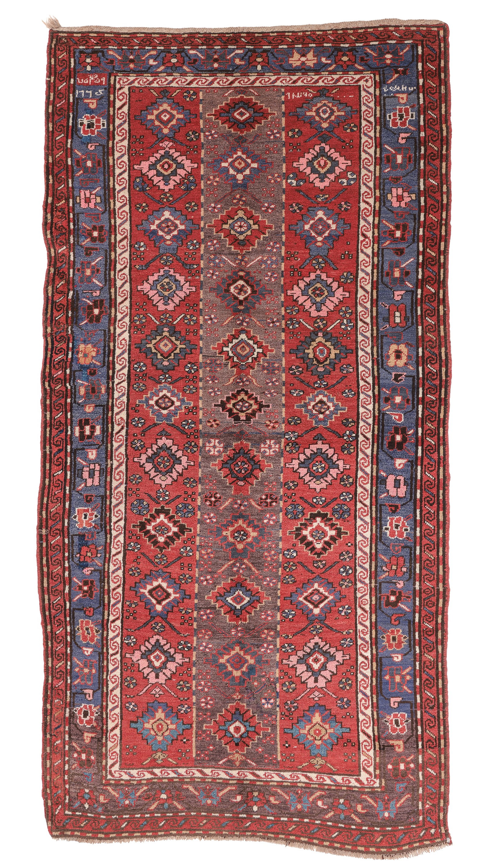 Kazak Rug, Caucasus, Ca. 1900, 4'8'' x 9'7'': Kazak Rug, Caucasus, Ca. 1900, 4'8'' x 9'7'' (142 x 292 cm). Weight: 22 lbs. Material: wool pile, wool warp, wool weft. Inscriptions.