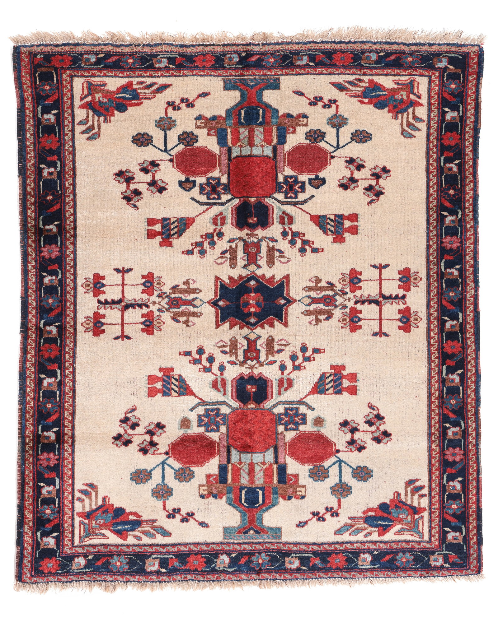 Ivory Field Afshar Vase Rug, Persia, Ca. 1900, 3'7'' x 4'2'': Ivory Field Afshar Vase Rug, Persia, Ca. 1900, 3'7'' x 4'2'' (109 x 127 cm). Weight: 7 lbs. Material: wool pile, wool warp, wool weft.