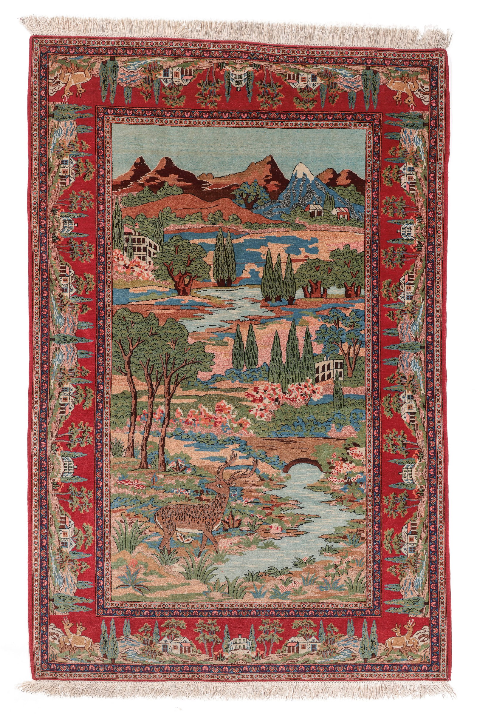 Pictorial Kashan Rug, Persia, Mid 20th C., 4'5'' x 6'7'': Pictorial Kashan Rug, Persia, Mid 20th C., 4'5'' x 6'7'' (135 x 201 cm). Weight: 16 lbs. Material: wool pile, cotton warp, cotton weft.