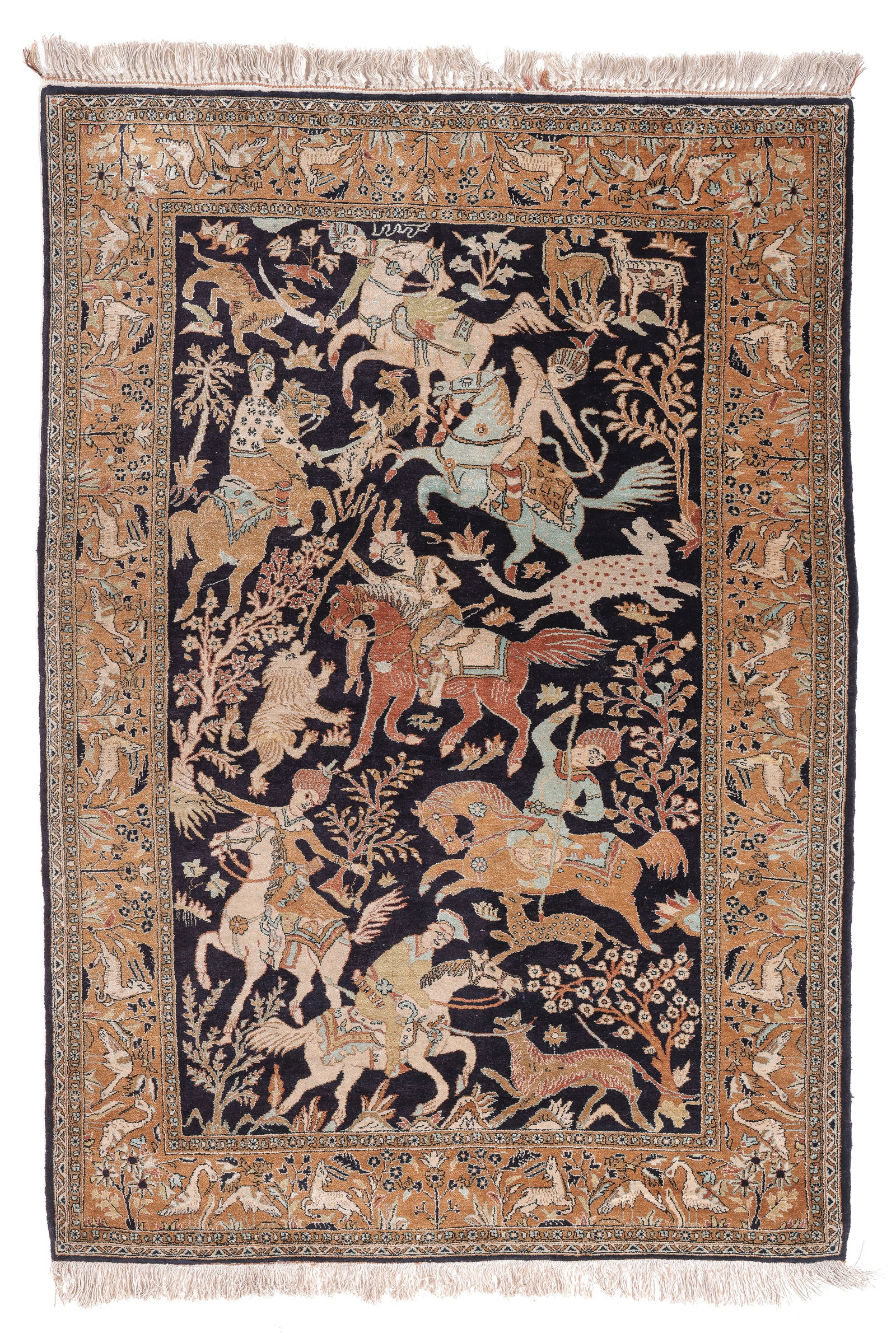 Silk Qum Pictorial Hunting Rug, Persia, Late 20th C., 3'7'' x 5'2'' (1 of 6)