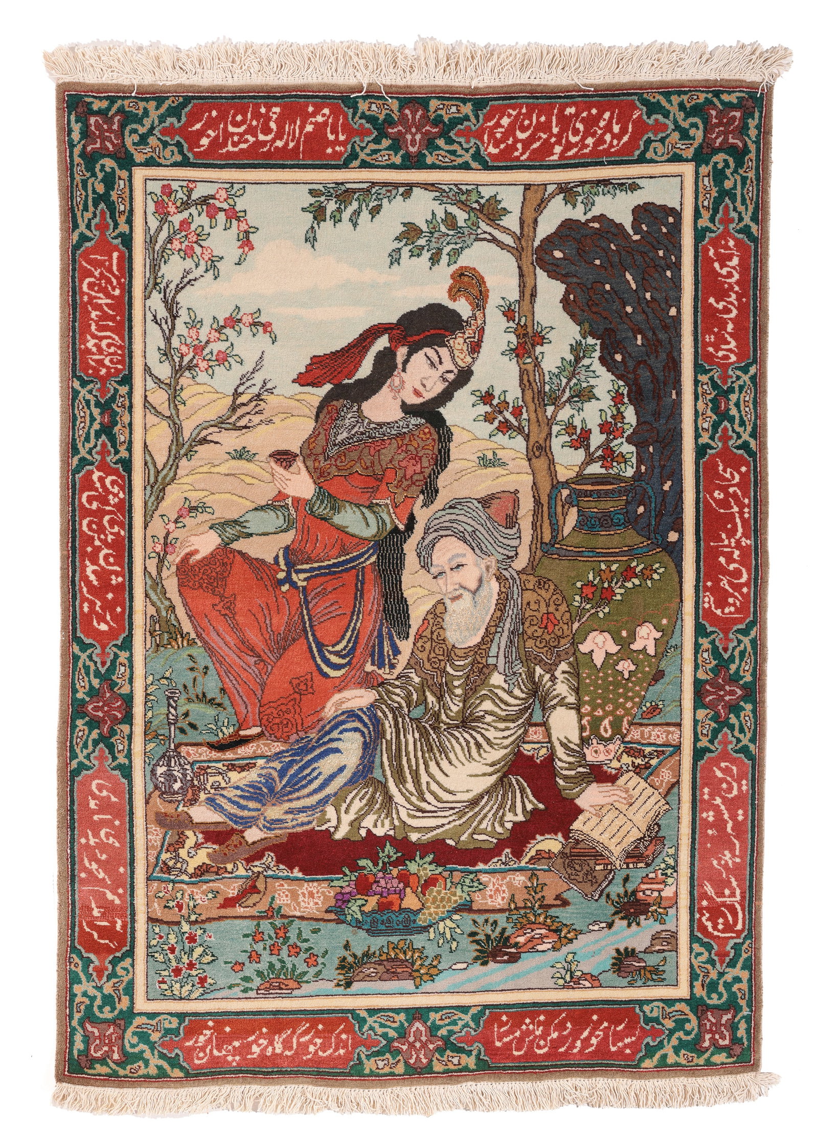 Tabriz Pictorial Rug w. Khayyam Poetic Calligraphy, Persia, Late 20th C., 3'0'' x 5'0'': Tabriz Wool & Silk Pictorial Rug w. Khayyam Poetic Calligraphy, Persia, Late 20th C., 3'0'' x 5'0'' (91 x 152 cm). Weight: 8 lbs. Material: wool pile, cotton warp, cotton weft, silk highlights.