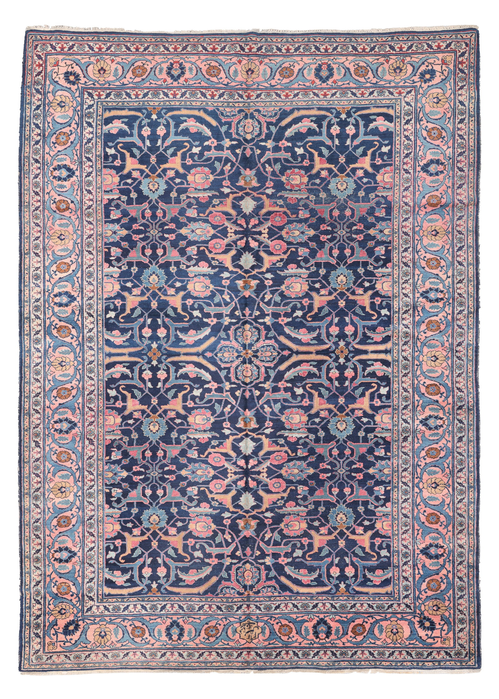 Signed Blue Tabriz Rug, Persia, Early 20th C., 8'10'' x 12'1'' (1 of 7)