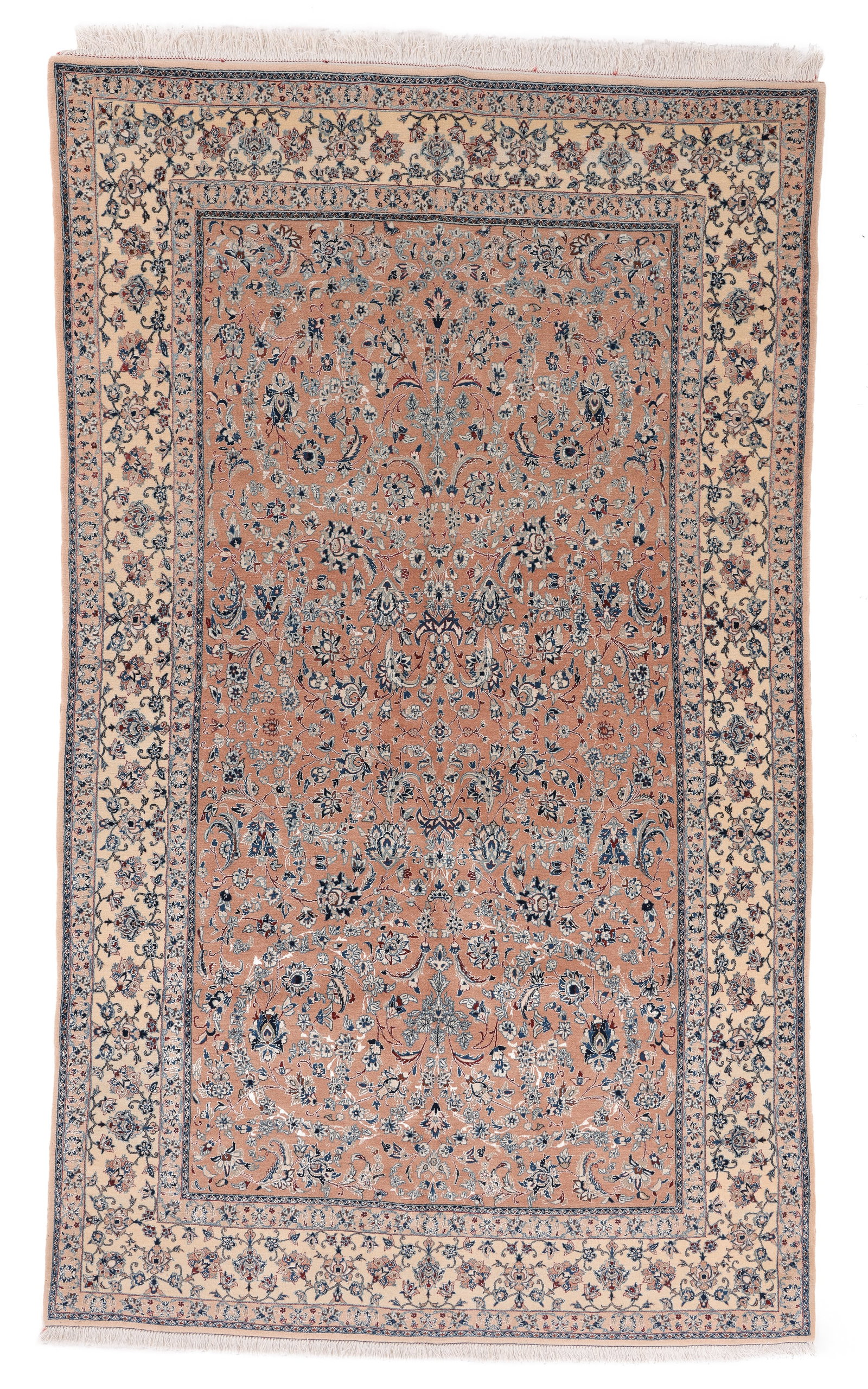 Nain Wool & Silk Rug, Persia, Mid/Late 20th C., 5'1'' x 8'6'': Nain Wool & Silk Rug, Persia, Mid/Late 20th C., 5'1'' x 8'6'' (155 x 259 cm). Weight: 25 lbs. Material: wool pile, cotton warp, cotton weft, silk highlights.