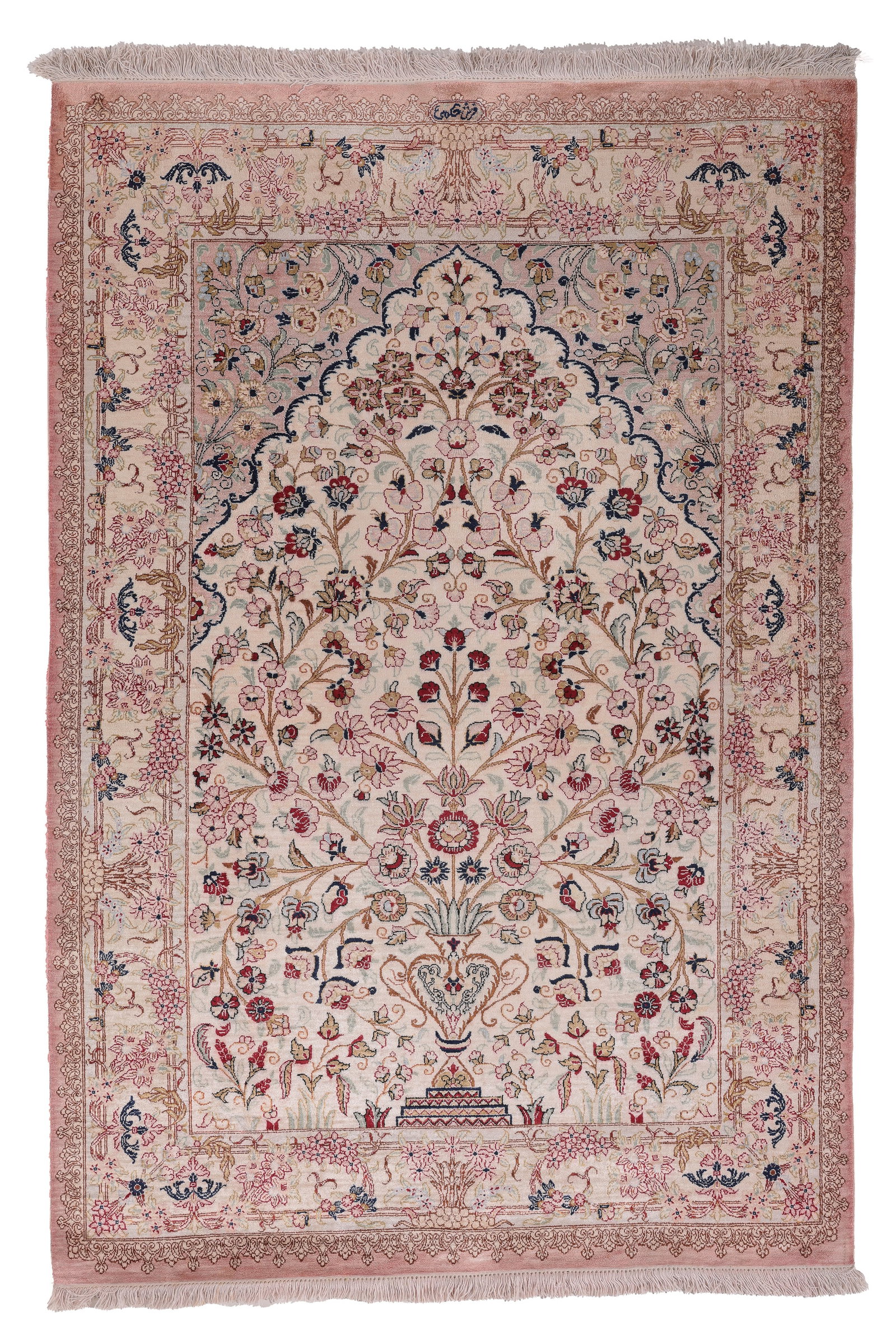 Fine Signed Qum Silk Meditation Rug, Persia, Late 20th C., 3'4'' x 5'0'' (1 of 7)