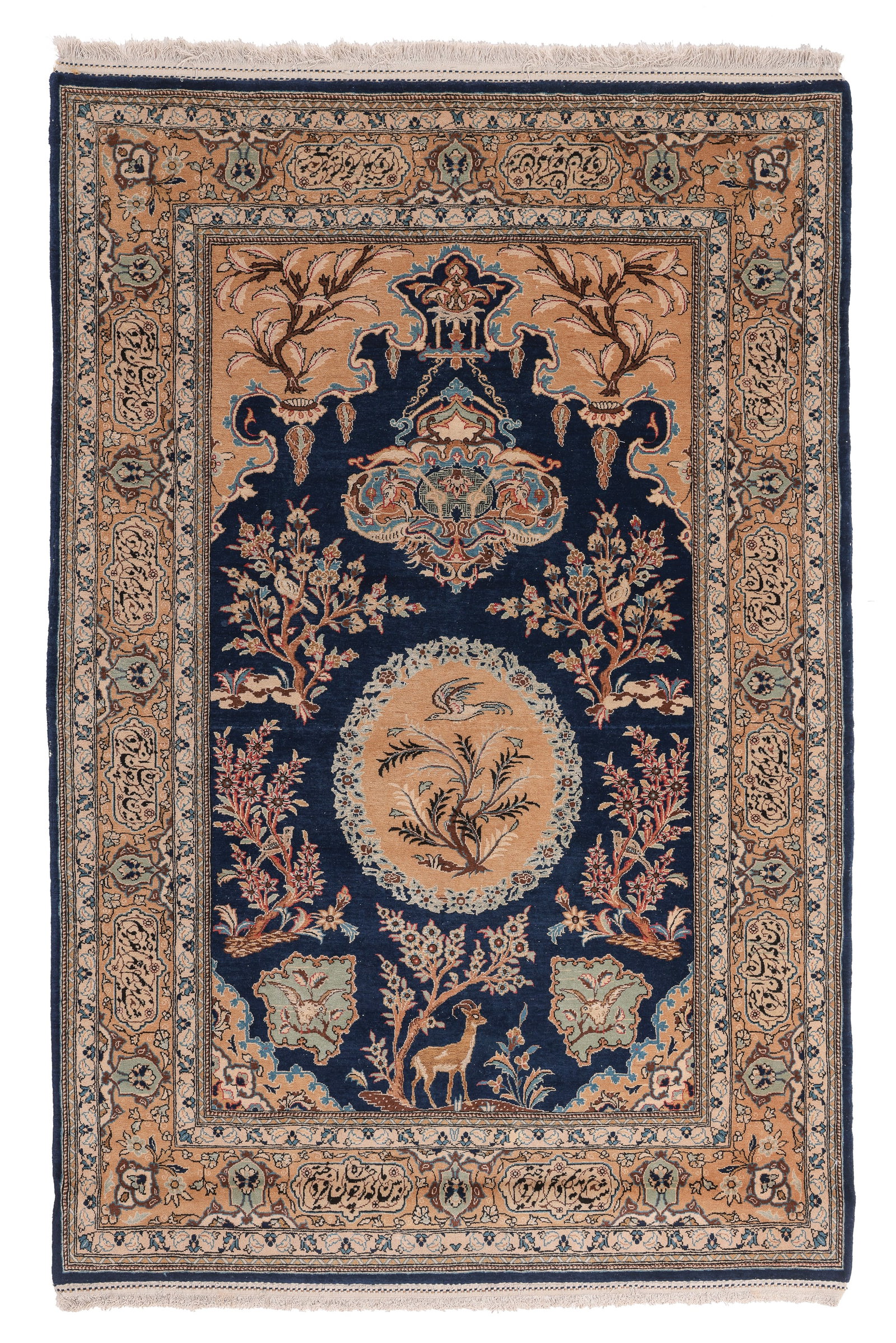 Qum Wool & Silk Meditation Rug, Persia, Late 20th C., 4'7'' x 7'1'': Qum Wool & Silk Meditation Rug, Persia, Late 20th C., 4'7'' x 7'1'' (140 x 216 cm). Weight: 16 lbs. Material: wool pile, cotton warp, cotton weft, silk highlights.