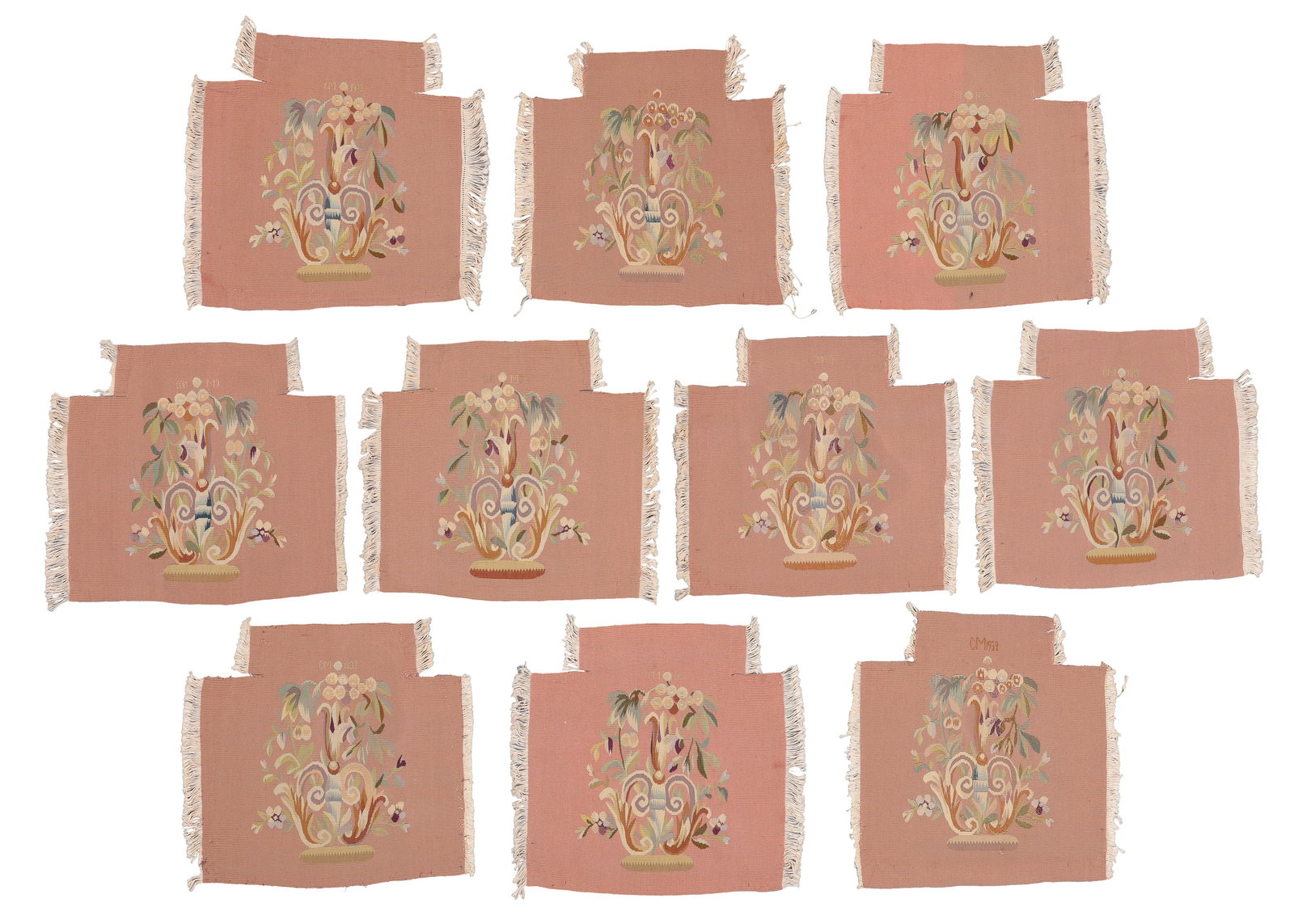 Group of 10 Aubusson Tapestry Cushion Covers, France, Ca. 1900: Group of 10 Aubusson Tapestry Cushion Covers, France, Ca. 1900, 1'7'' x 1'7'' (48 x 48 cm). Weight: 6 lbs. Wool.