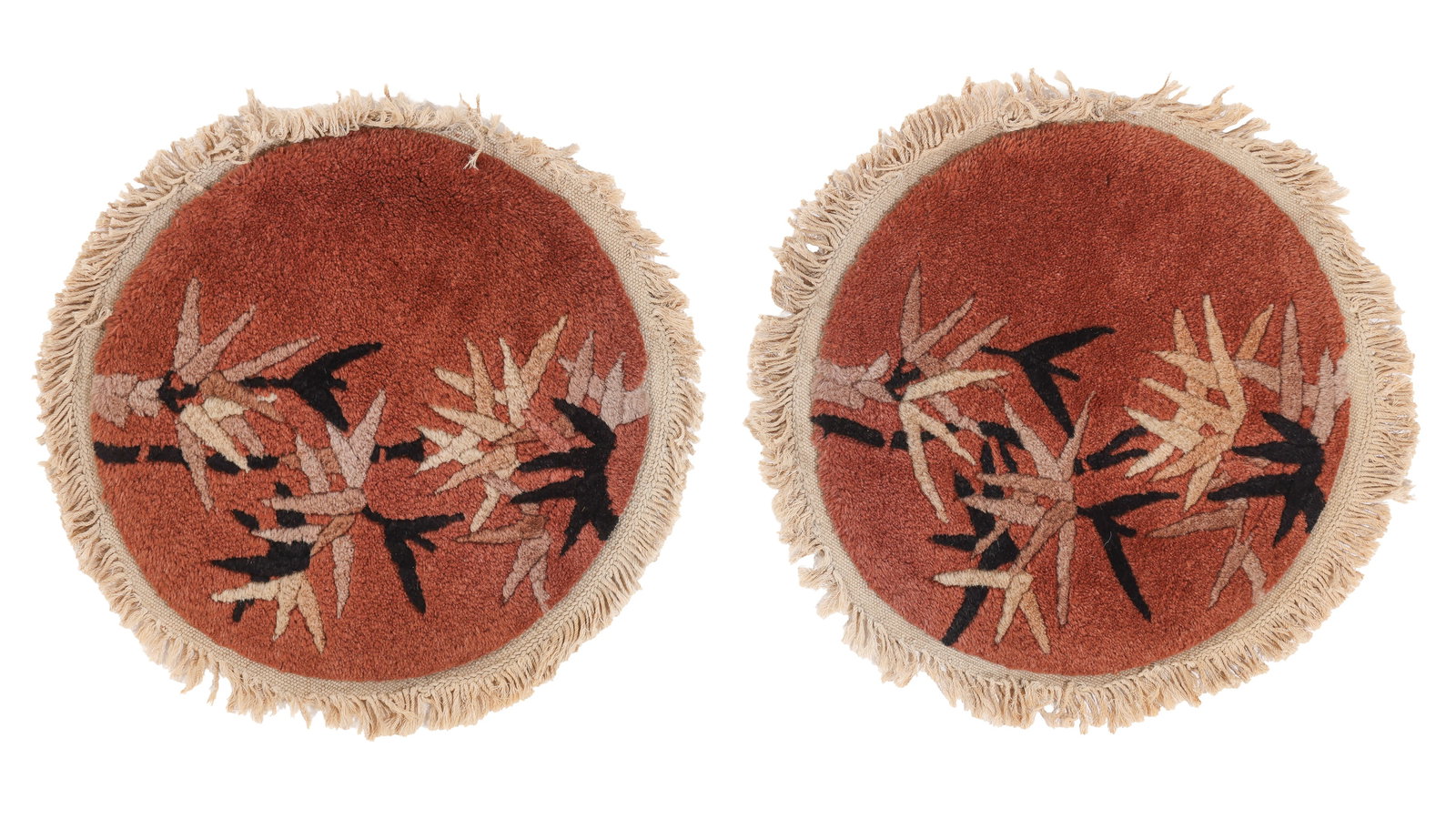 Pair of Round Art Deco Mats, China, Ca. 1930's/40's, Each 1'3'' x 1'3'': Pair of Round Art Deco Mats, China, Ca. 1930's/40's, Each 1'3'' x 1'3'' (38 x 38 cm). Weight: 2 lbs. Material: wool pile, cotton warp, cotton weft.